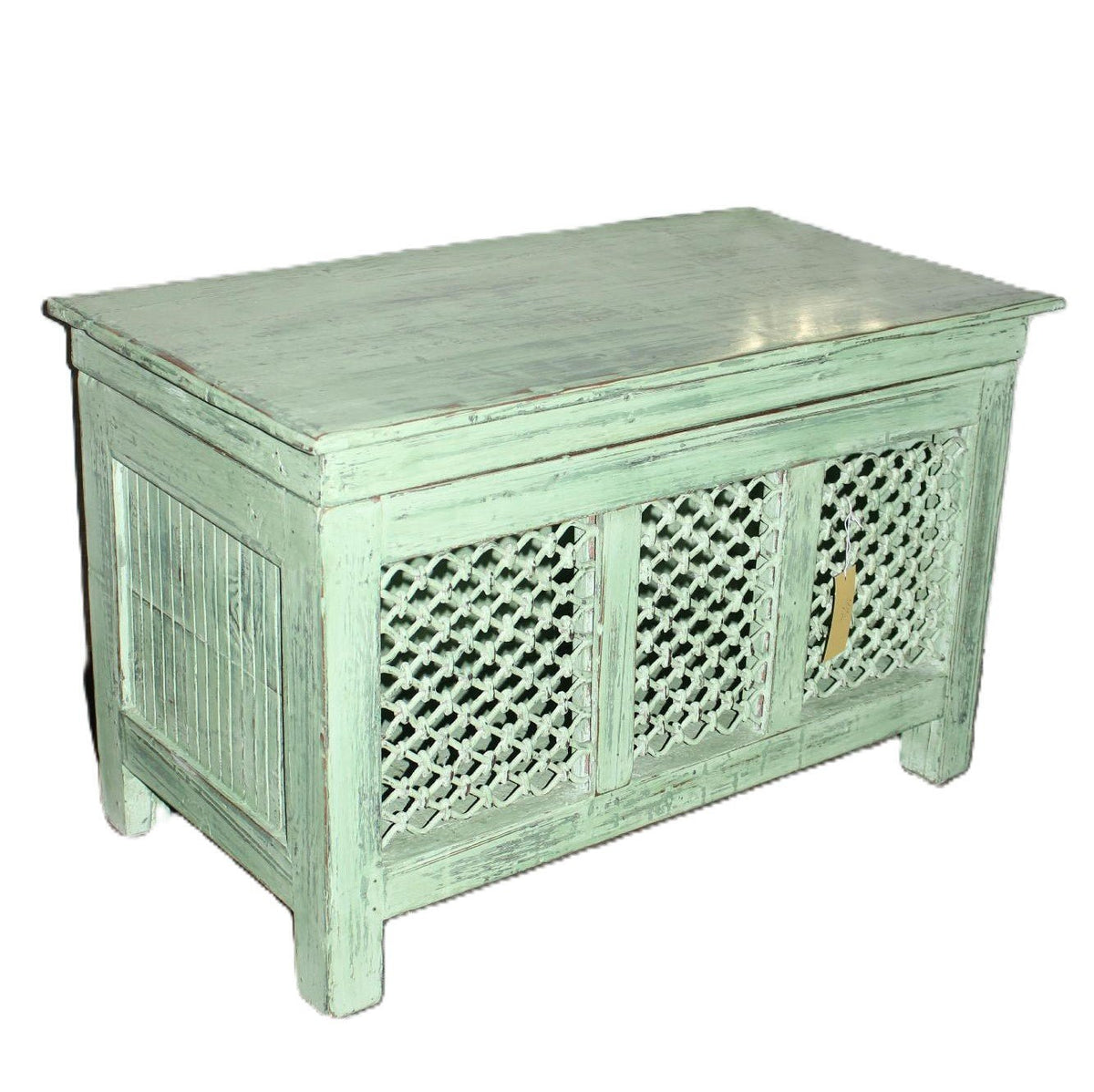 Small teak chest painted pistachio green, with painted iron jali work across the front to help airflow