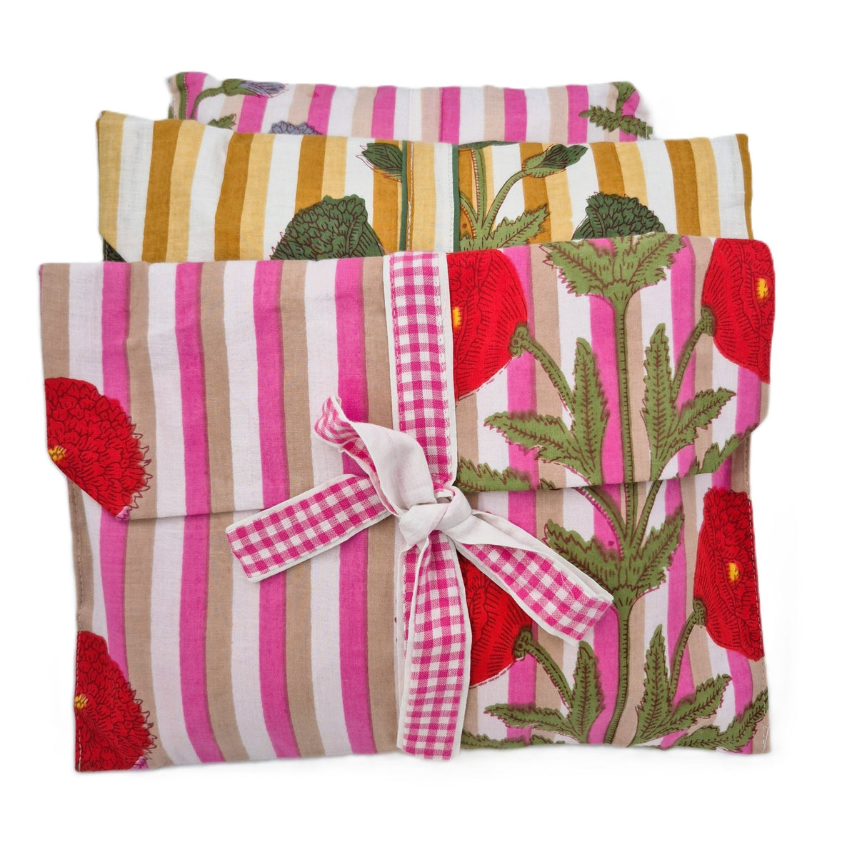 Poppy print pyjamas in soft block printed cotton cambric, long sleeved top with a neat contrast trim.