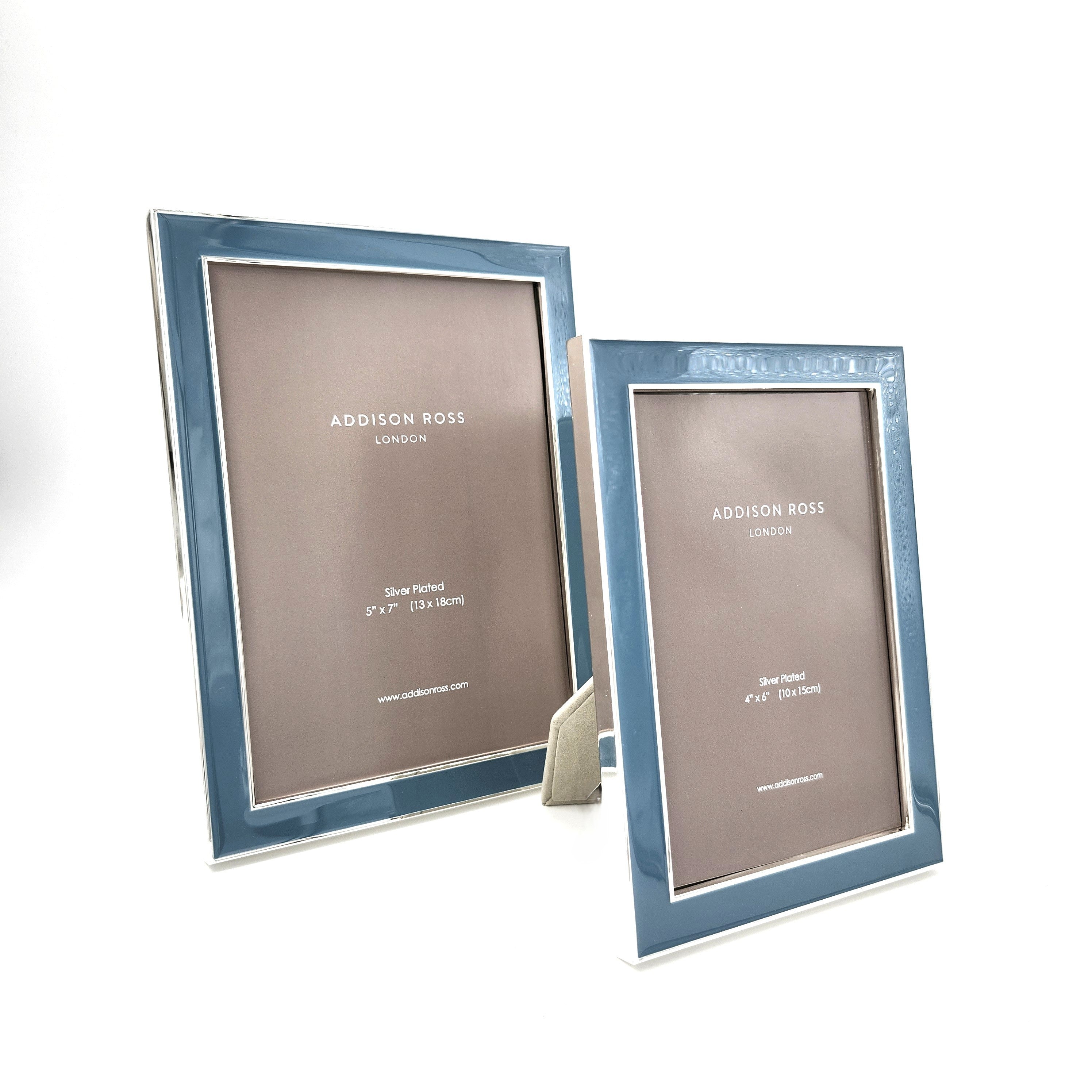 Enamel frame in chambray blue by Addison Ross, 4 x 6 or 5 x 7 inch, silver plate with grey velvet back