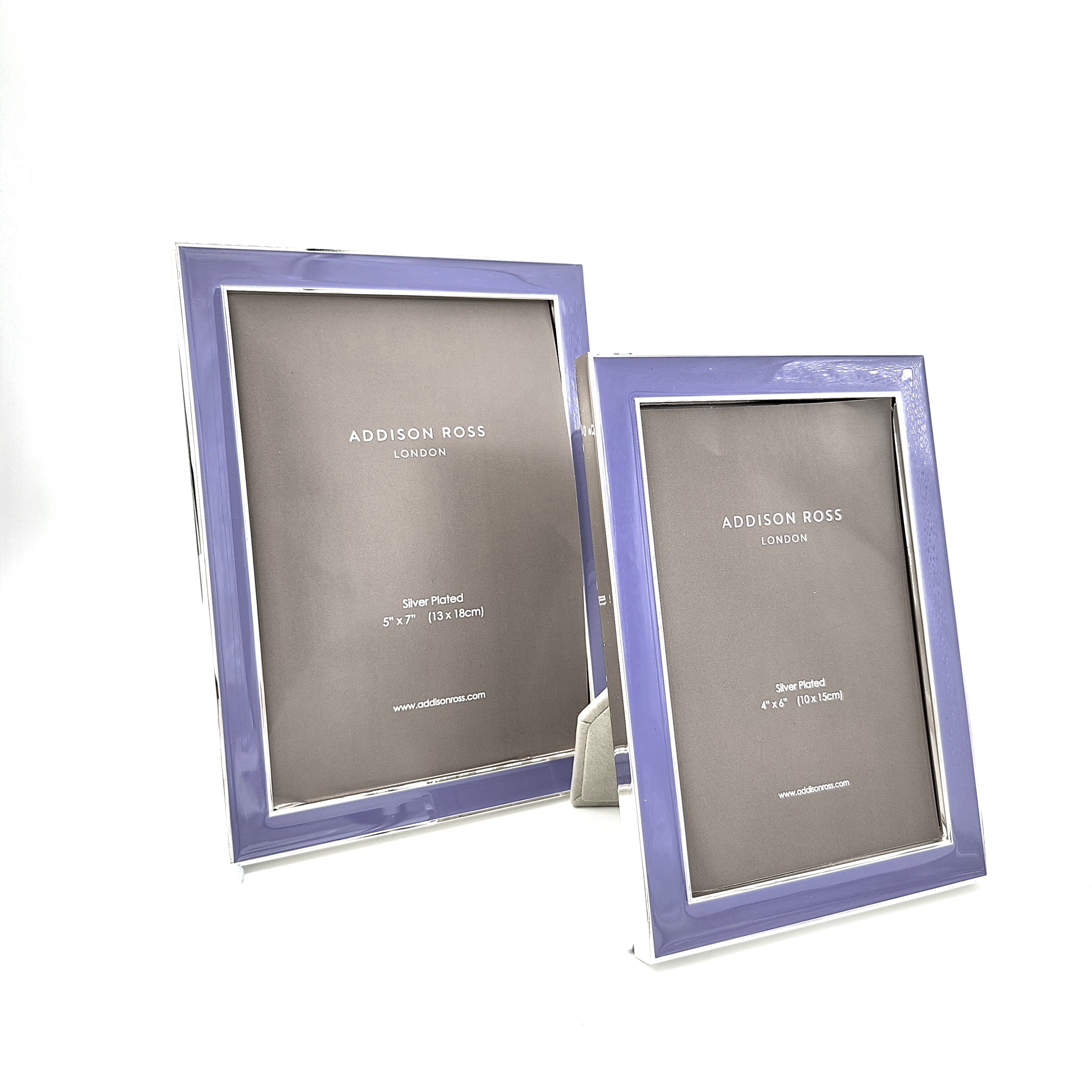 Enamel frame in lilac by Addison Ross, 4 x 6 or 5 x 7 inch, silver plate with grey velvet back