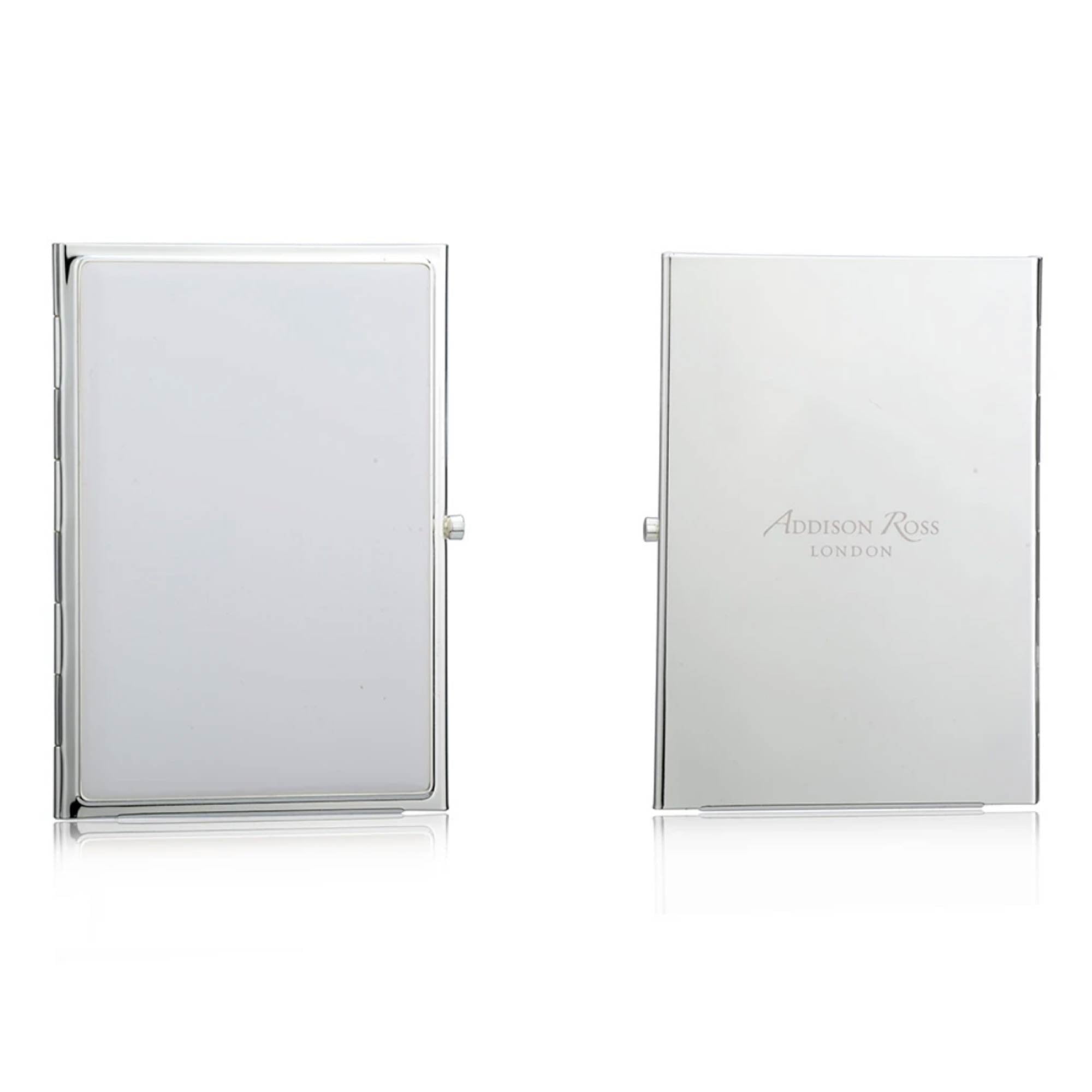 Enamel travel frame double, silver plate and white enamel, holds two 2 x 3 inch portraits, Addison Ross