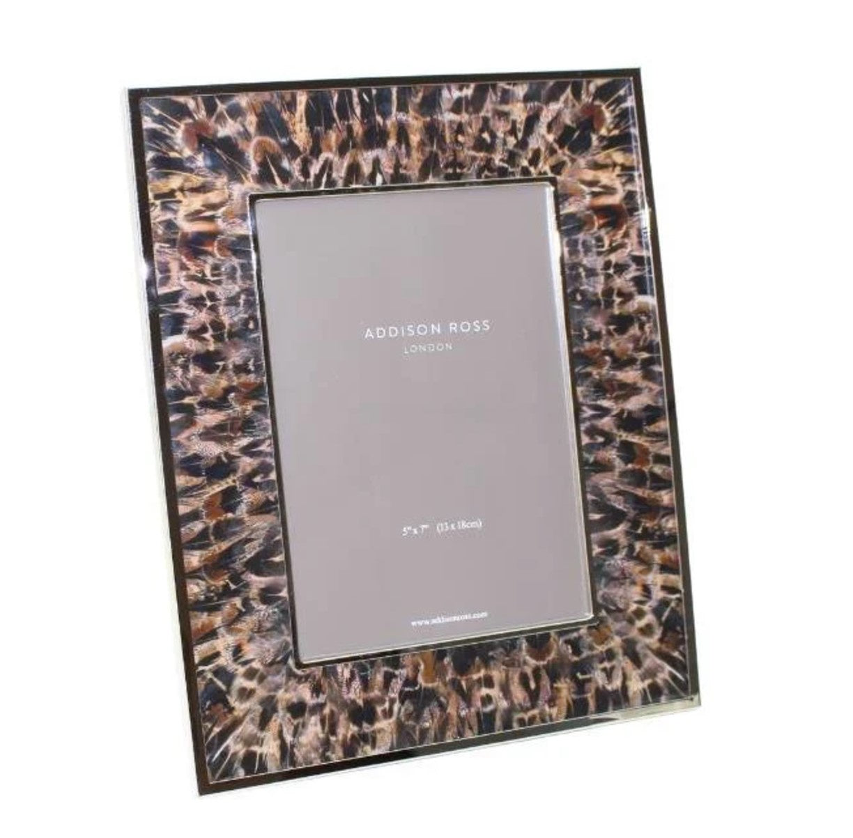 Faux pheasant feather and silver plate photo frame by Addison Ross, 5 x 7 inch, landscape or portrait