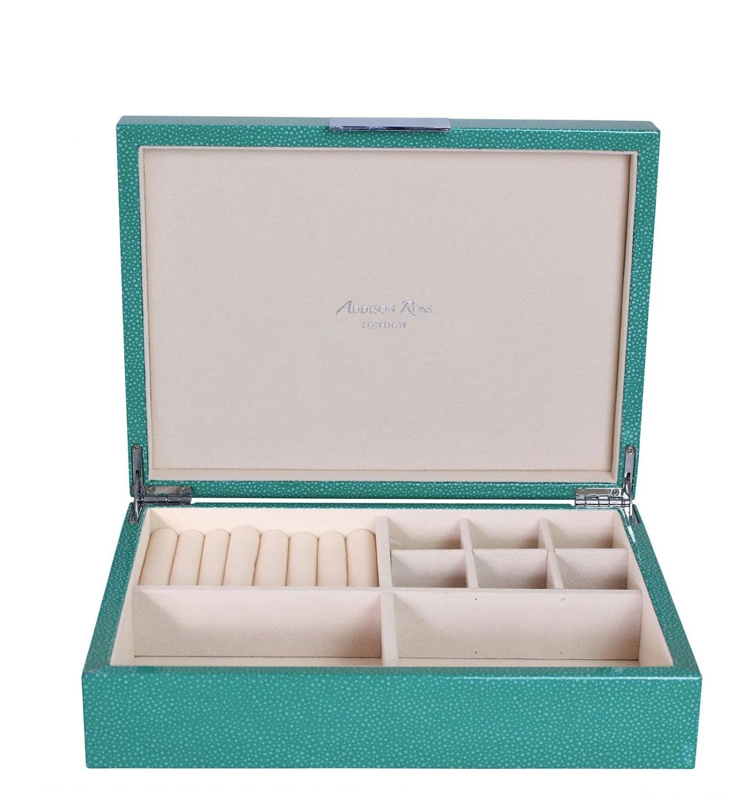 Green shagreen-effect jewellery box by Addison Ross with silver-plated clasp, cream suede lining