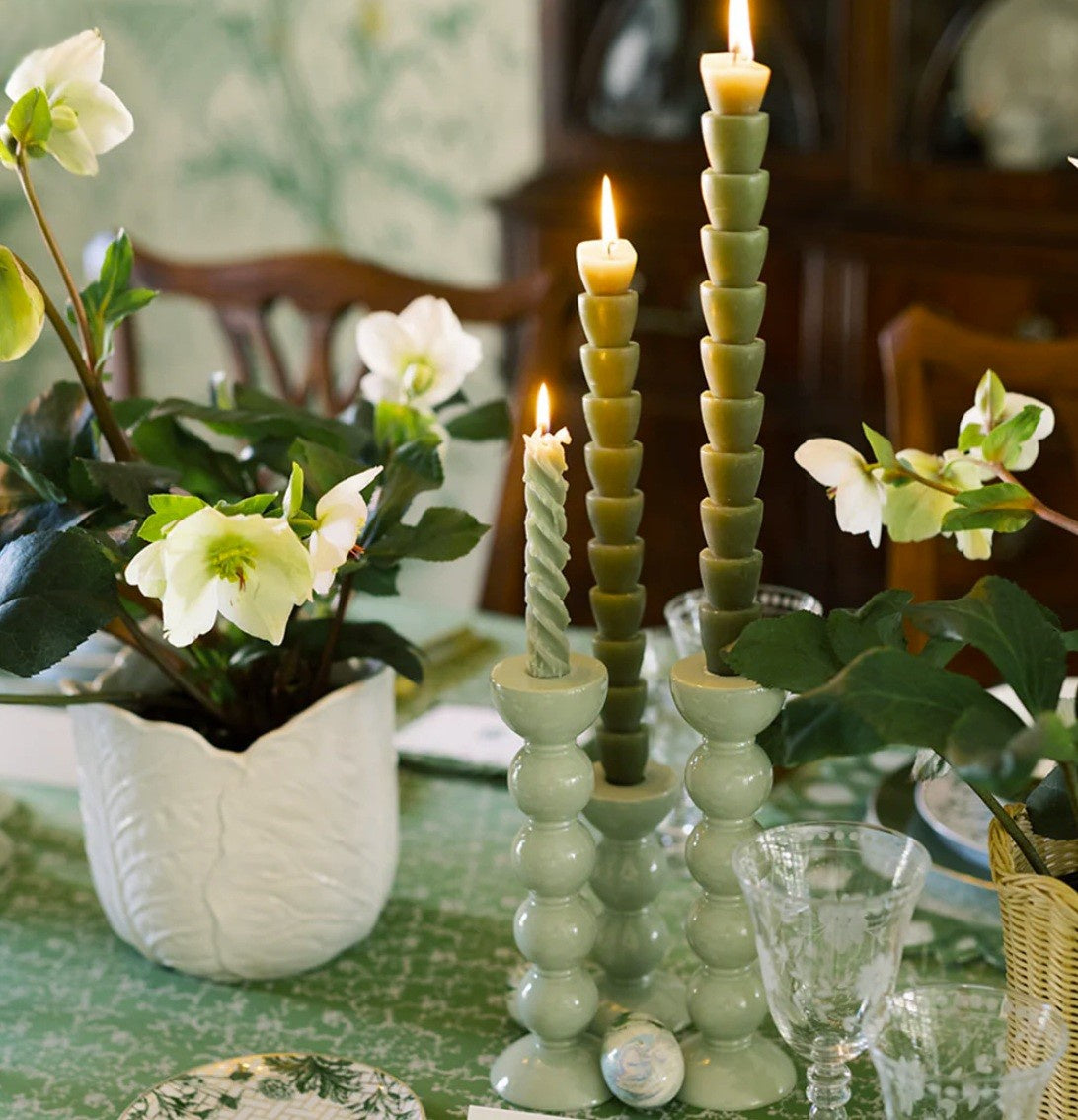Sage lacquer bobbin candlestick by Addison Ross