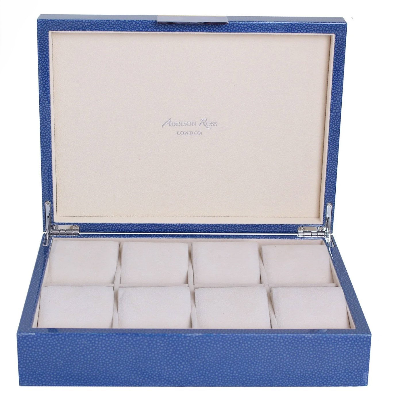 Blue shagreen-effect lacquer watch box with a silver clasp and eight compartments