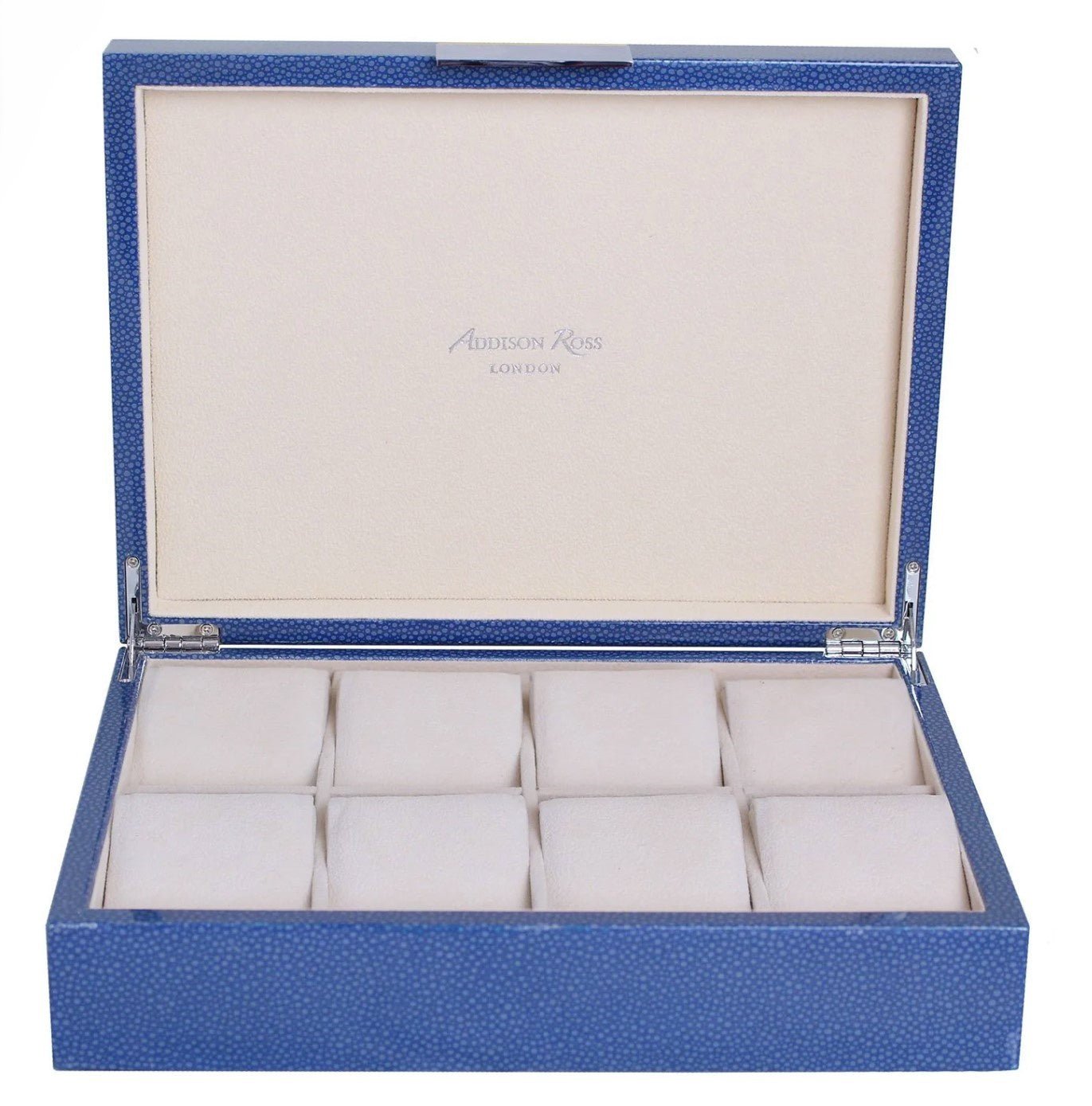 Blue shagreen-effect lacquer watch box with a silver clasp and eight compartments