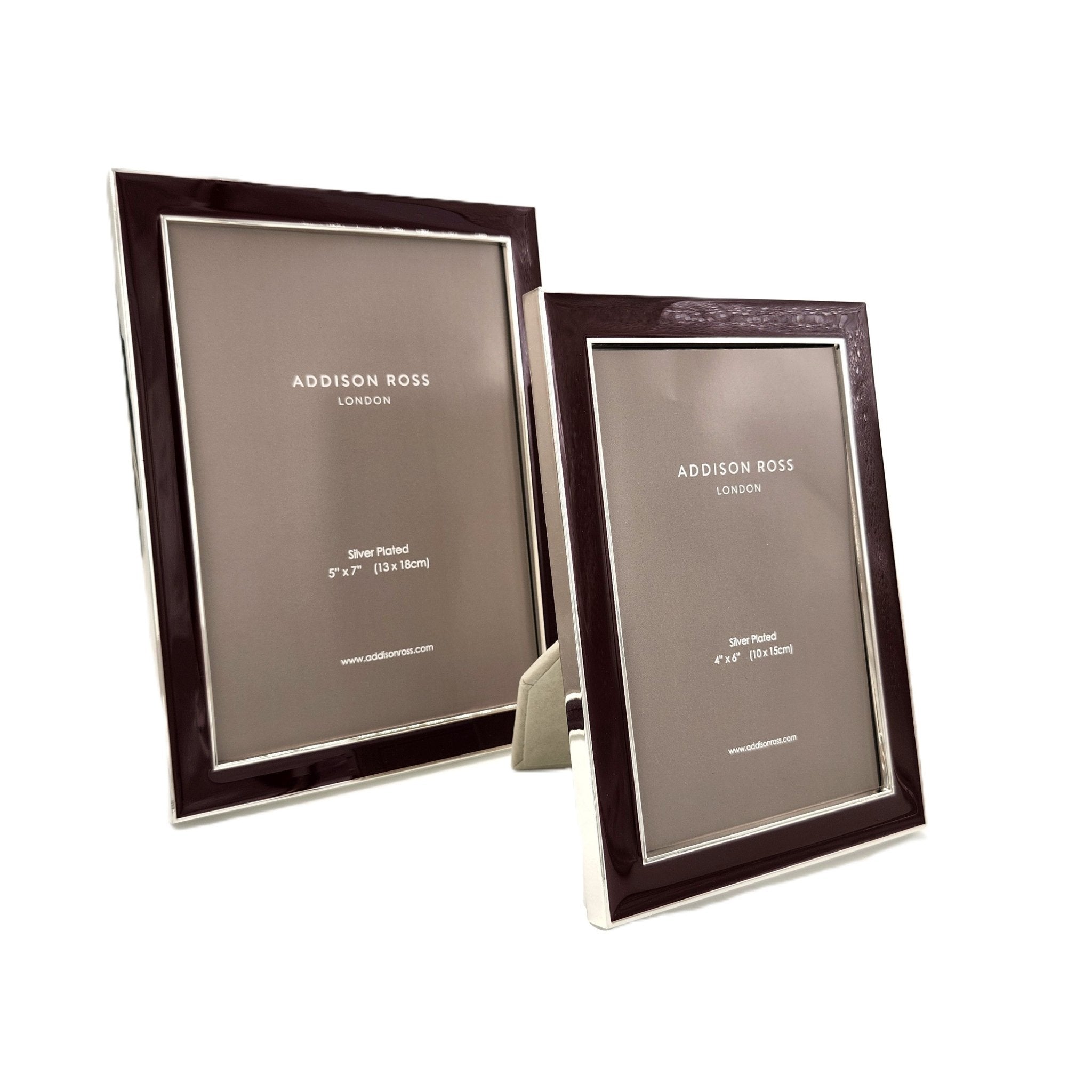 Enamel frame in cherry by Addison Ross, 4 x 6 or 5 x 7 inch, silver plate with grey velvet back