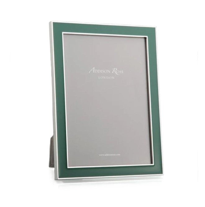 Enamel frame in fern green by Addison Ross, 4 x 6 or 5 x 7 inch, silver plate with grey velvet back