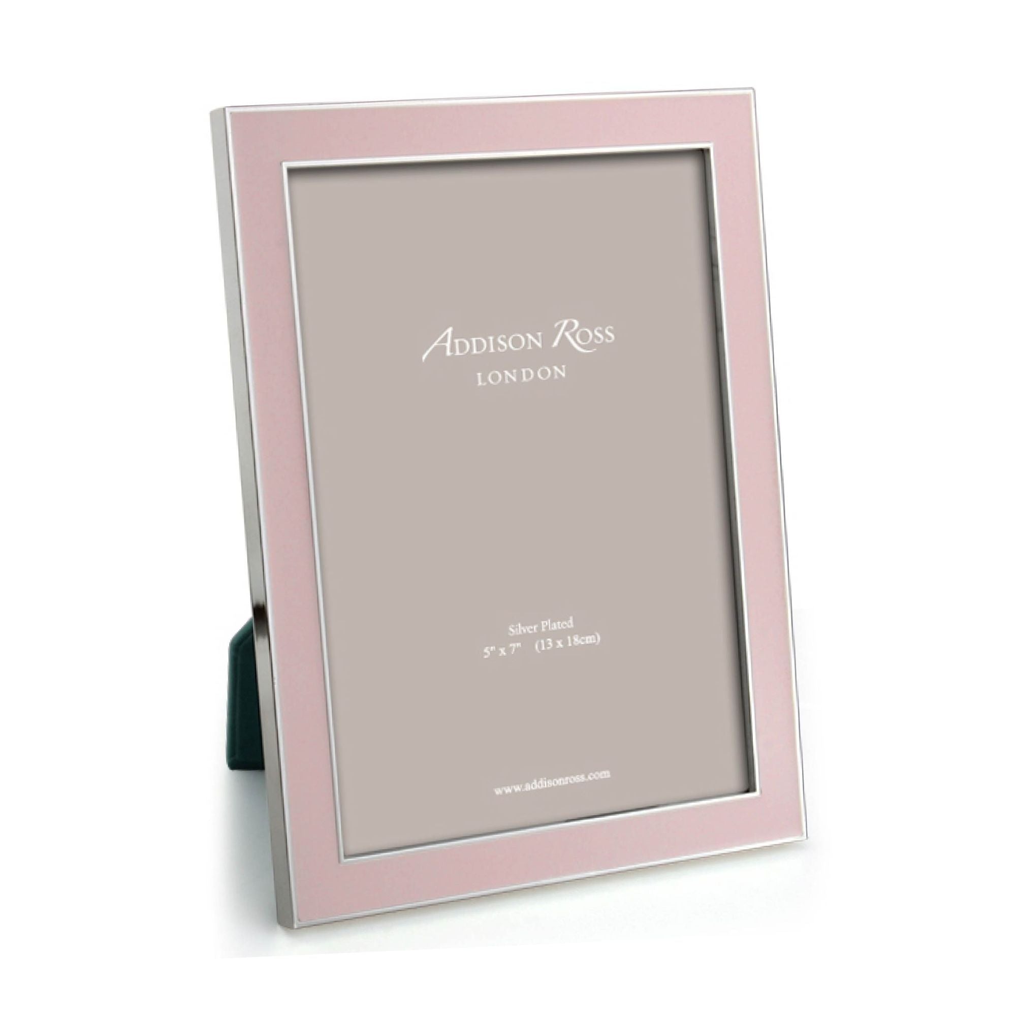 Enamel frame in light pink by Addison Ross, 4 x 6 or 5 x 7 inch, silver plate with grey velvet back