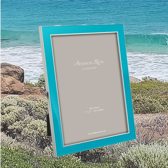 Enamel frame in blue by Addison Ross, 4 x 6 or 5 x 7 inch, silver plate with grey velvet back