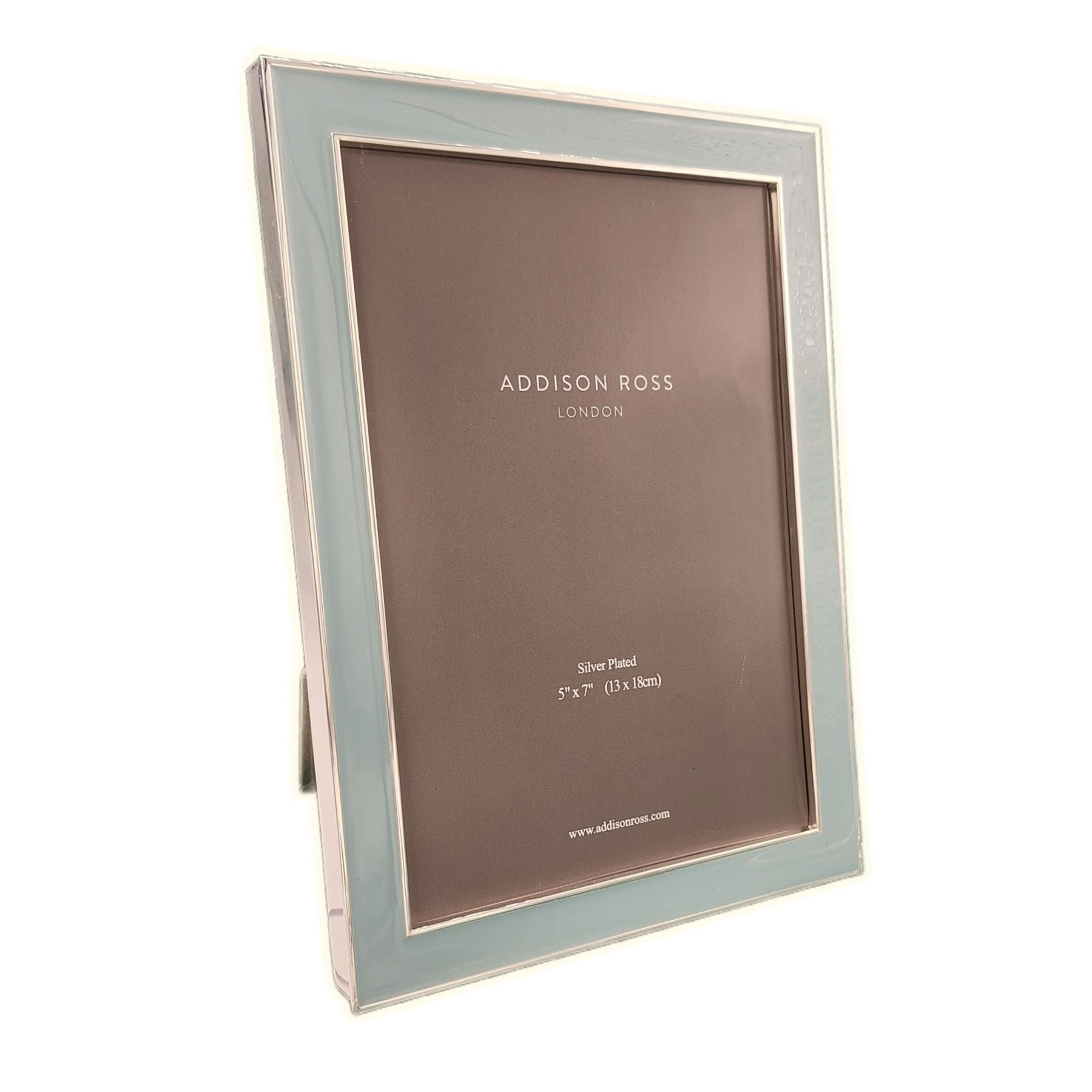Enamel frame in powder blue by Addison Ross, 4 x 6 or 5 x 7 inch, silver plate with grey velvet back