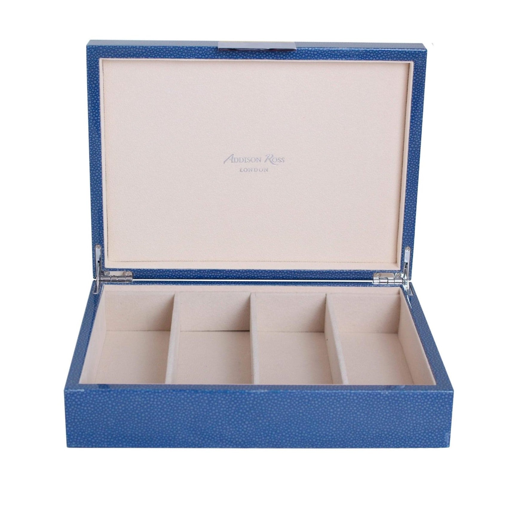 Blue shagreen-effect lacquer glasses box with a silver clasp