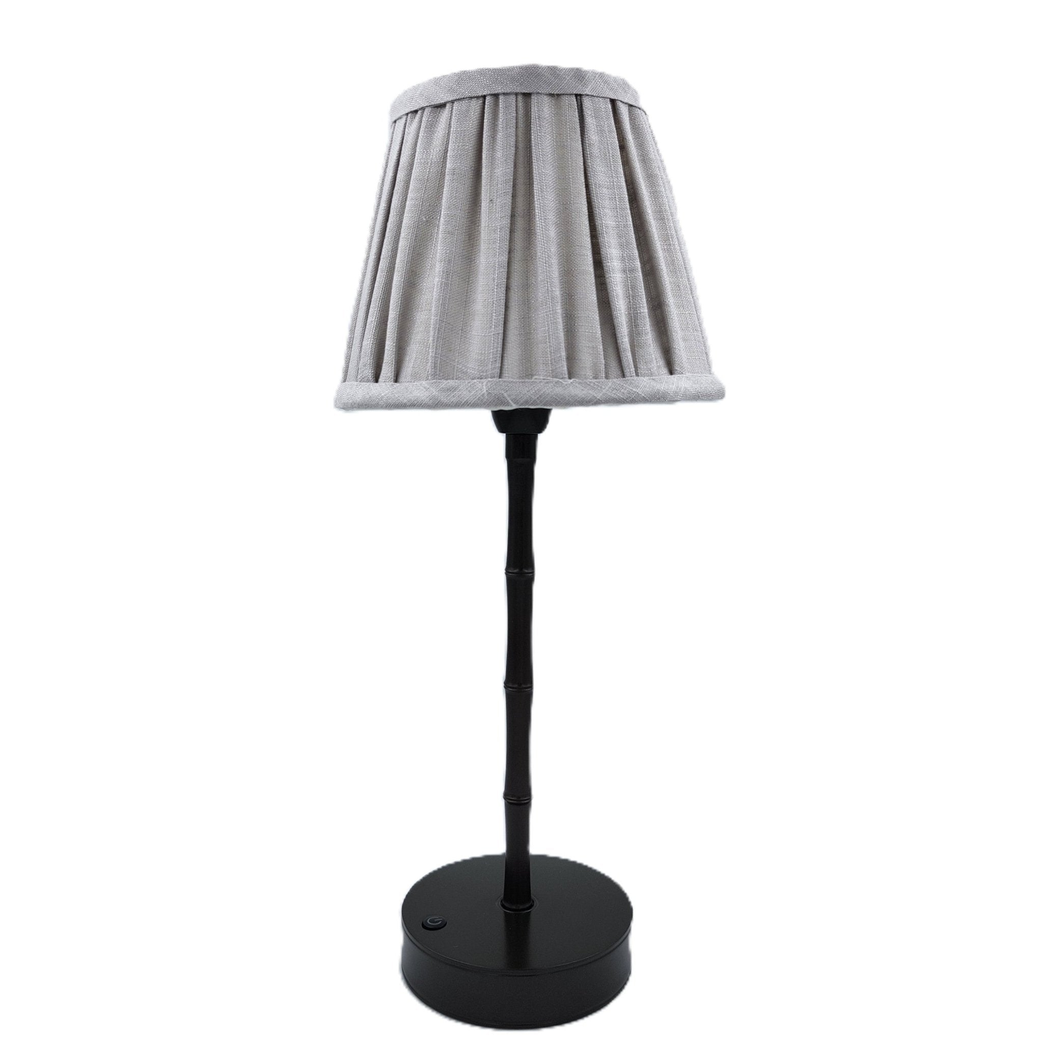 Bronze bamboo lamp with a chiffon shade, cordless rechargeable