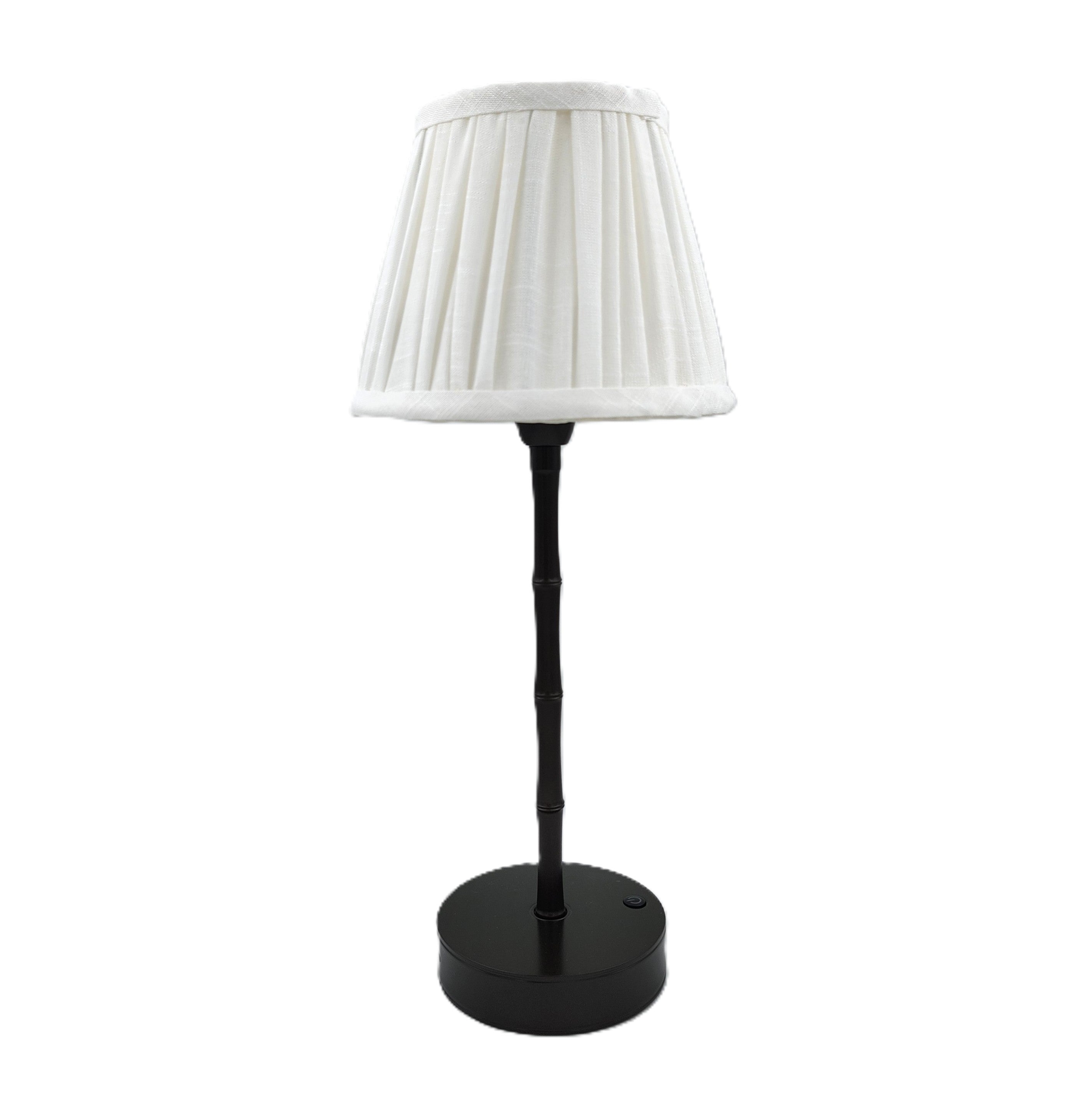 Bronze rechargeable bamboo lamp base with a white shade