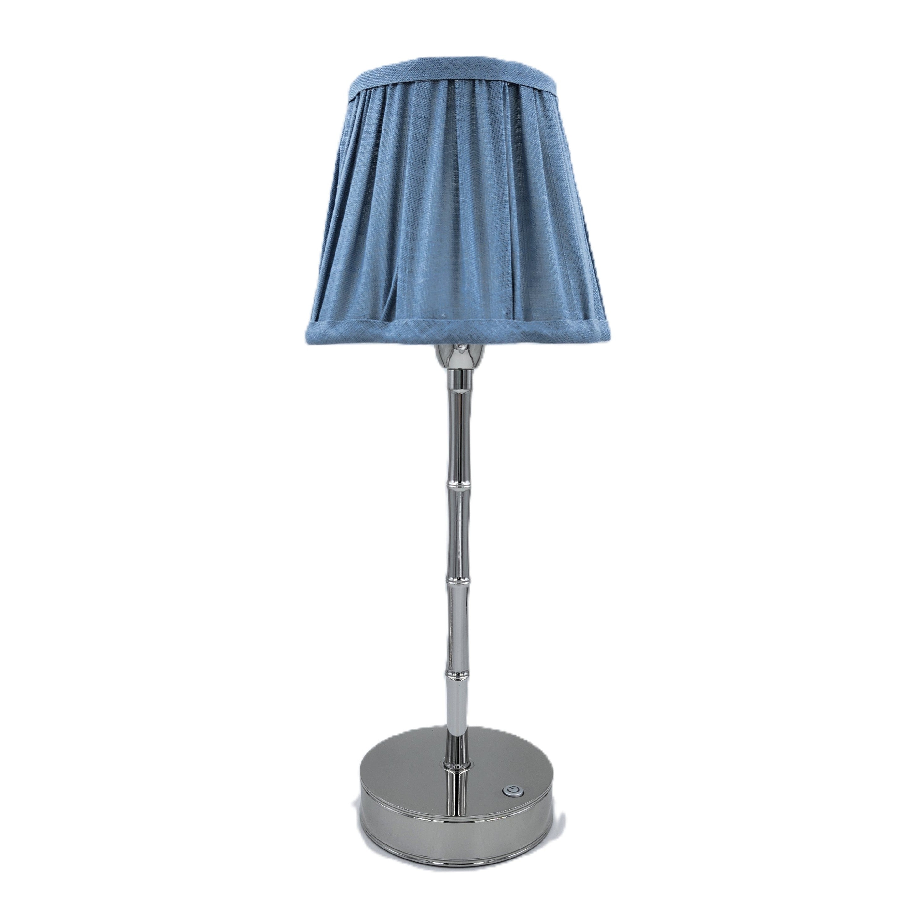 Silver bamboo LED lamp with a chambray shade, Addison Ross