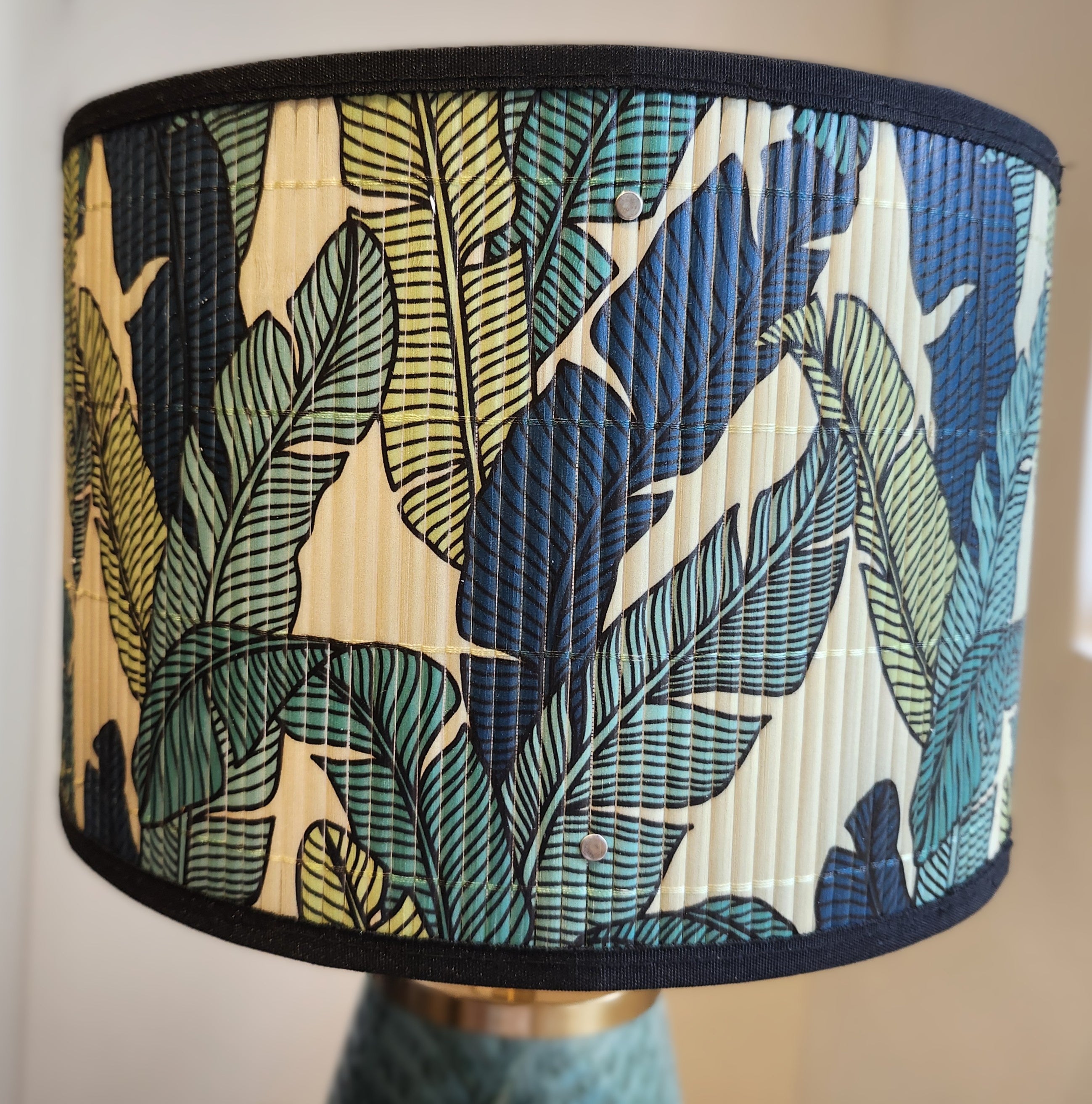 Banana leaf print lampshade, screen printed on bamboo, 30 cm diameter, 20 cm high