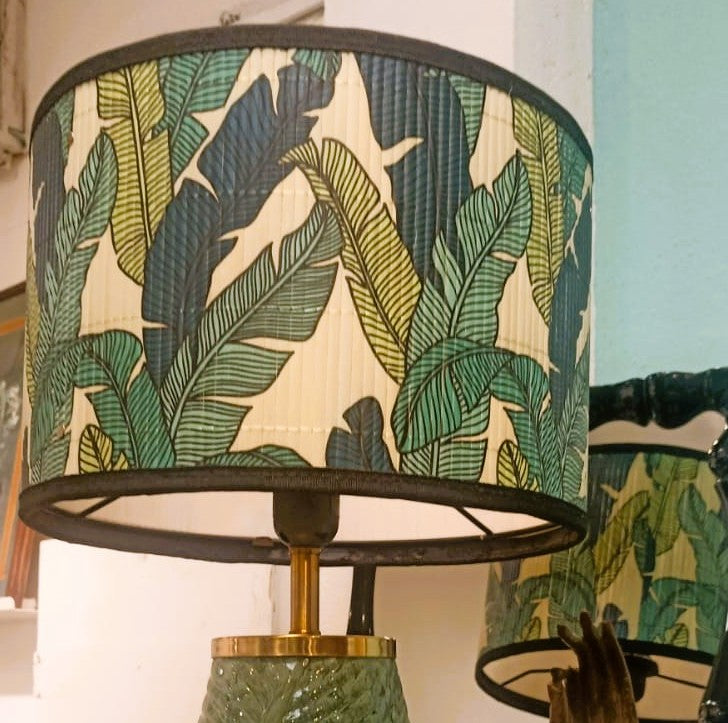 Banana leaf print bamboo lampshade, detail view