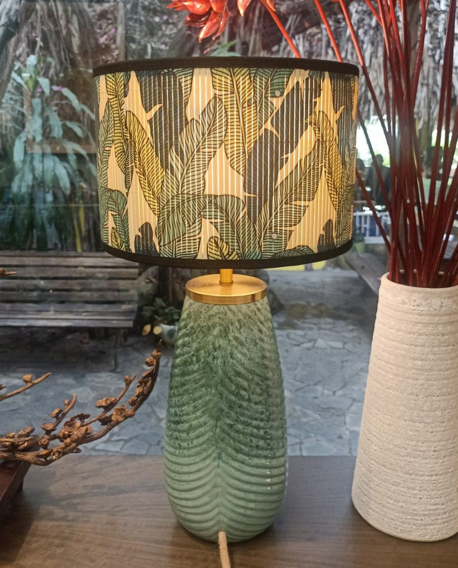 Banana leaf bamboo lampshade on an Annam lamp, styled