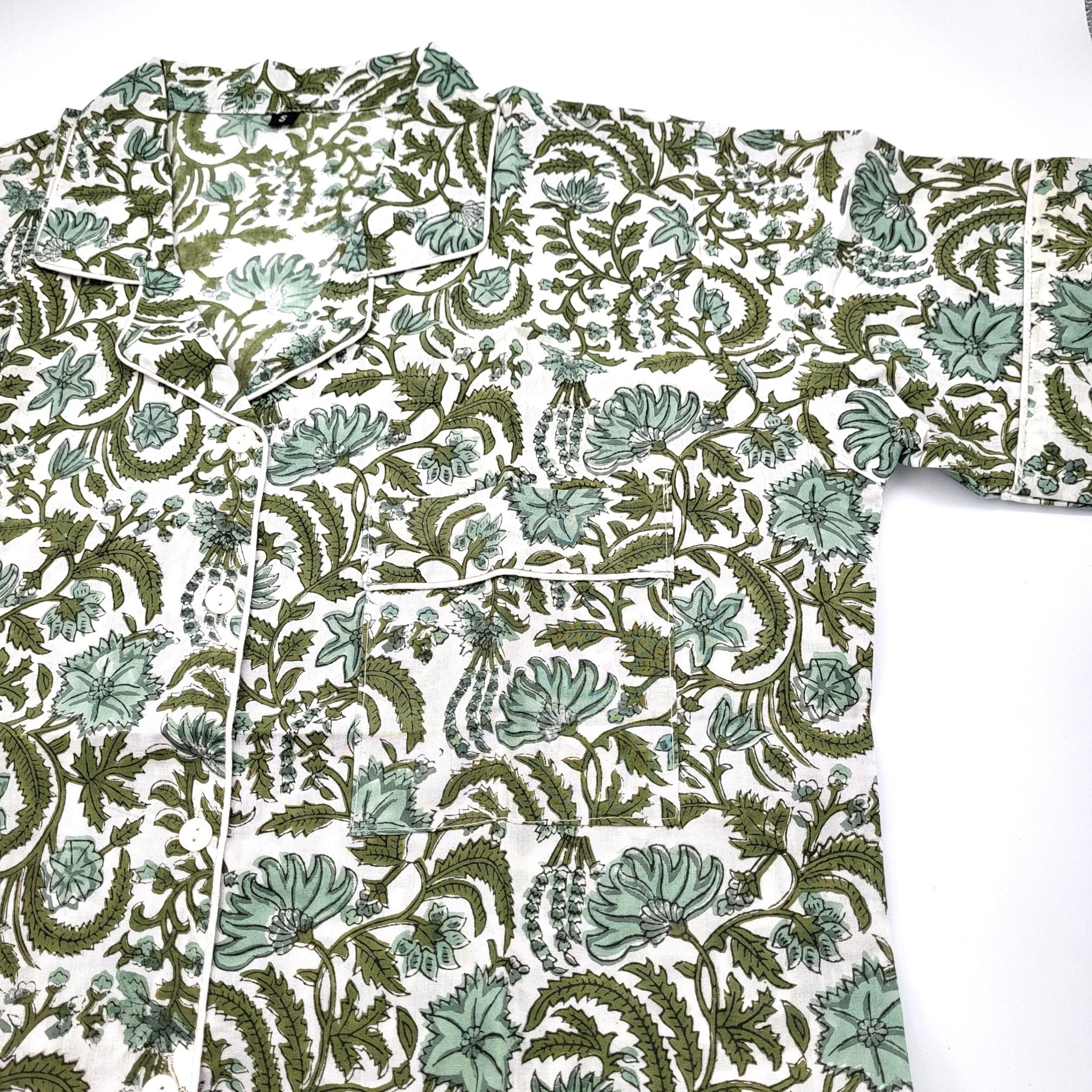 Eloise floral block-print cotton pyjamas in teal and sage on white