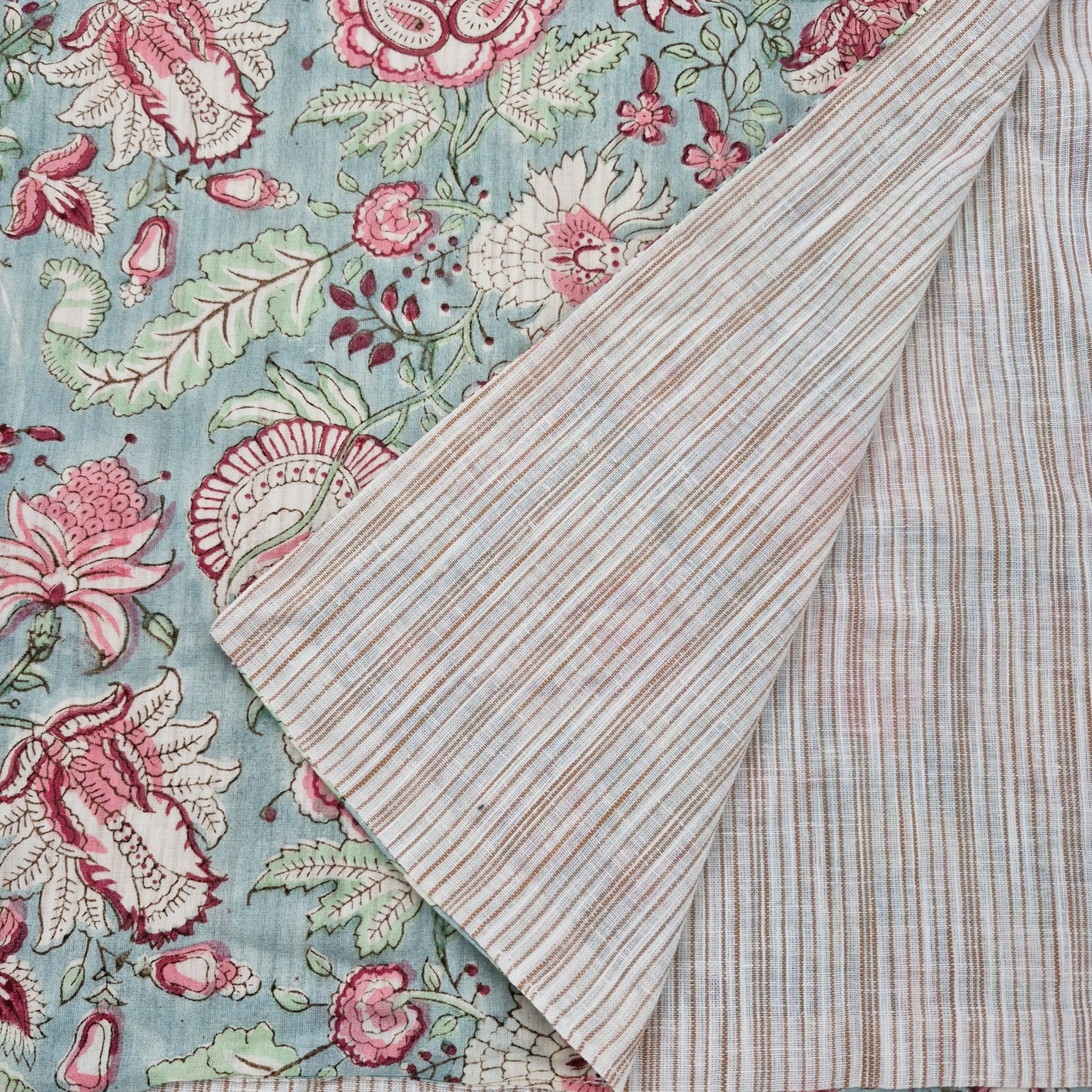 Hibiscus block print runner with striped cream & beige reverse