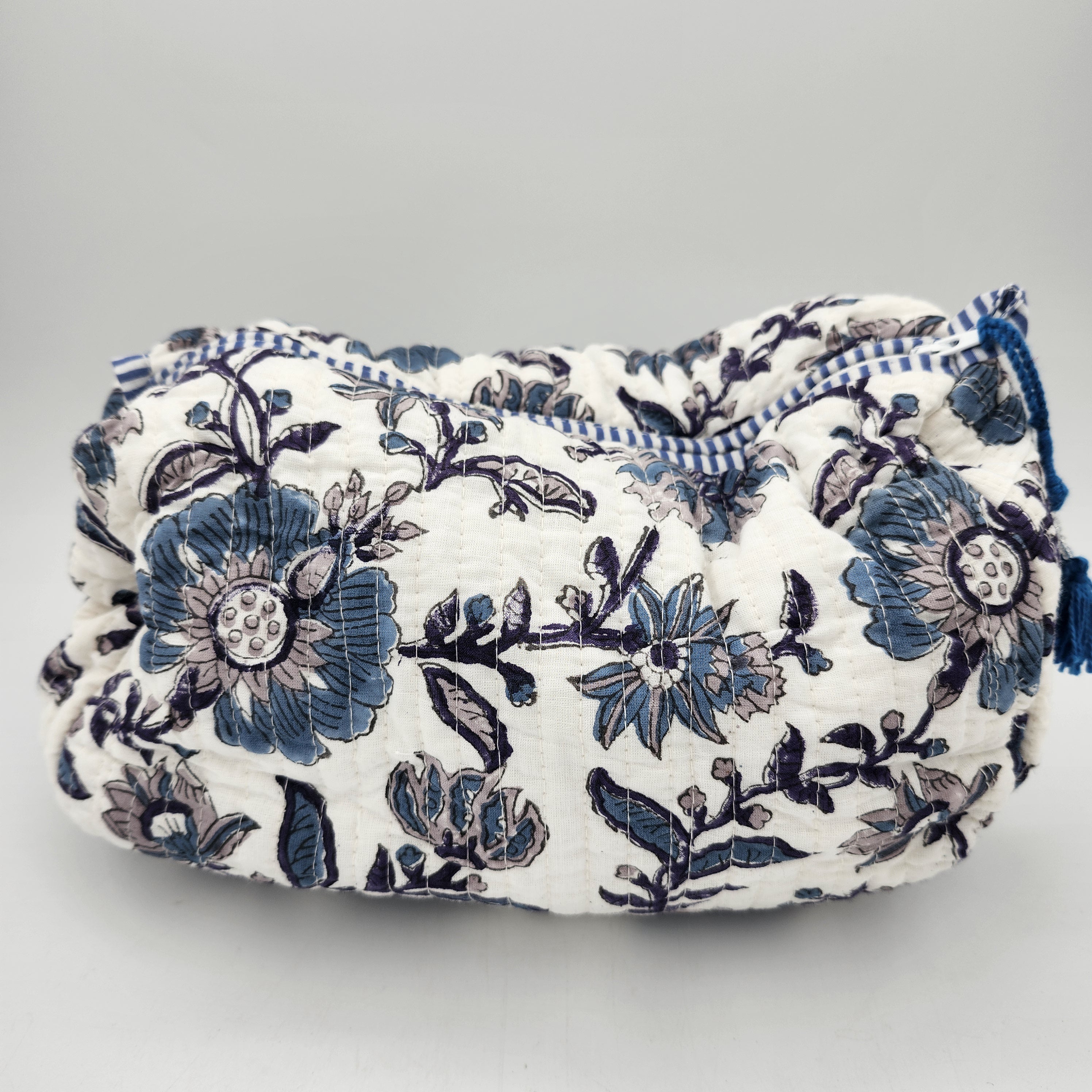 Blue and white floral block-print wash bag