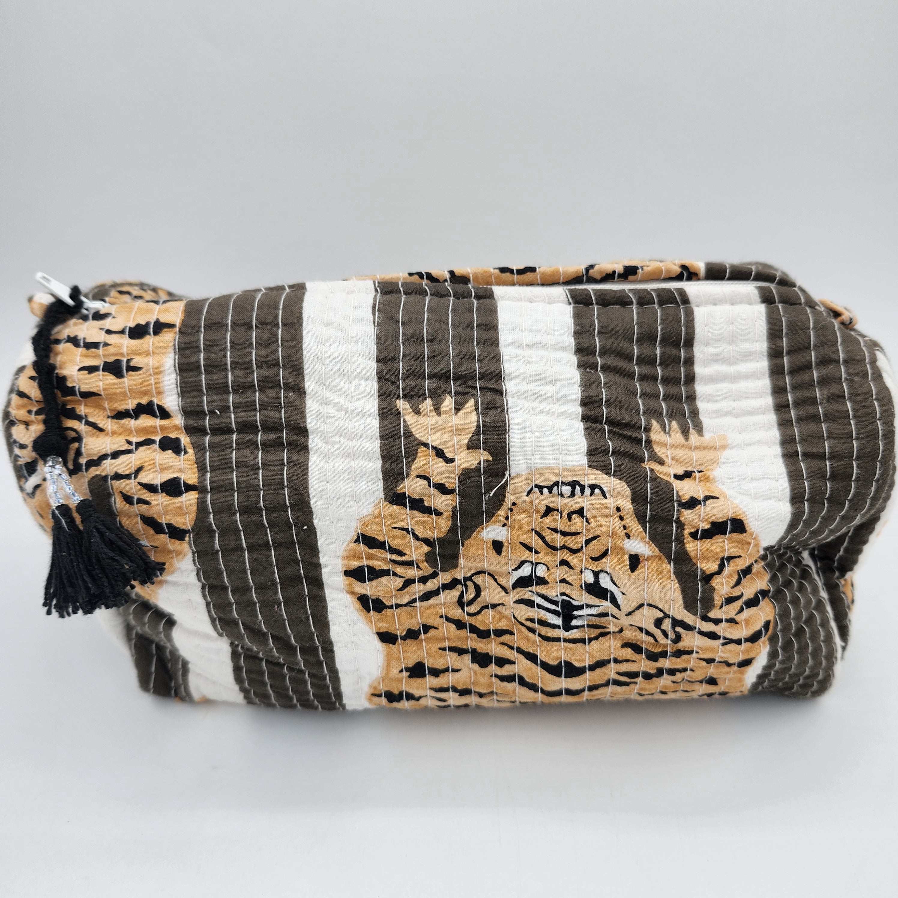 Tiger block-print wash bag in taupe