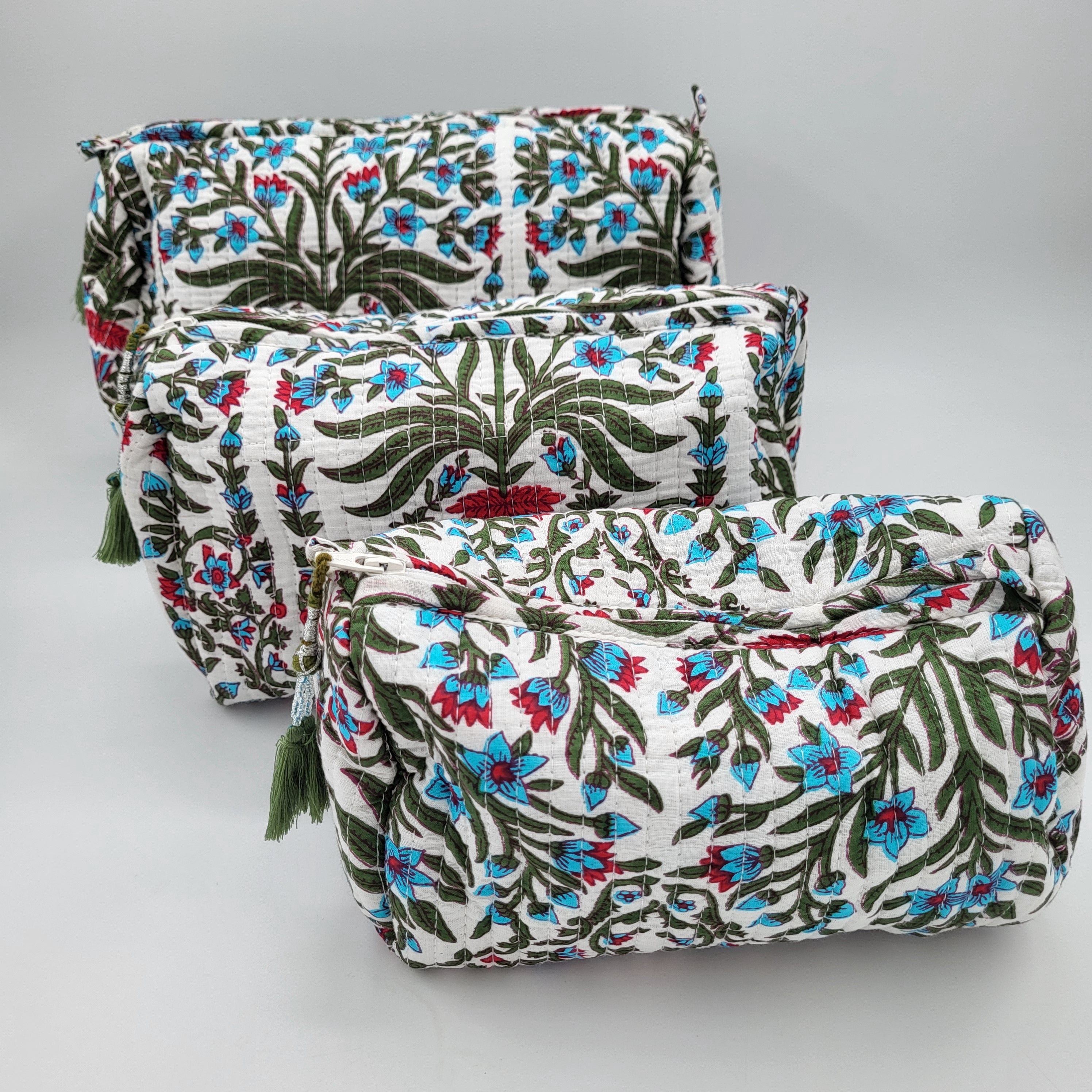 Floral white block-print wash bag