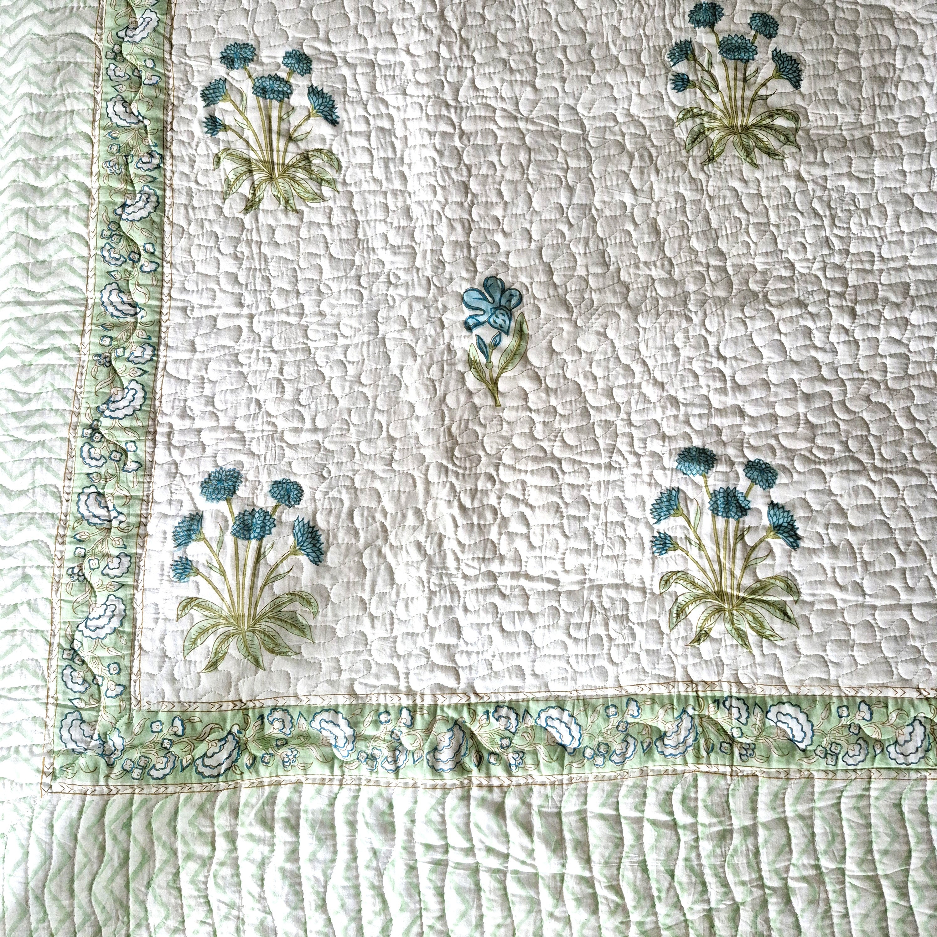 Block Print Bedspread with Pillowcases, King Size, Blue Floral Print