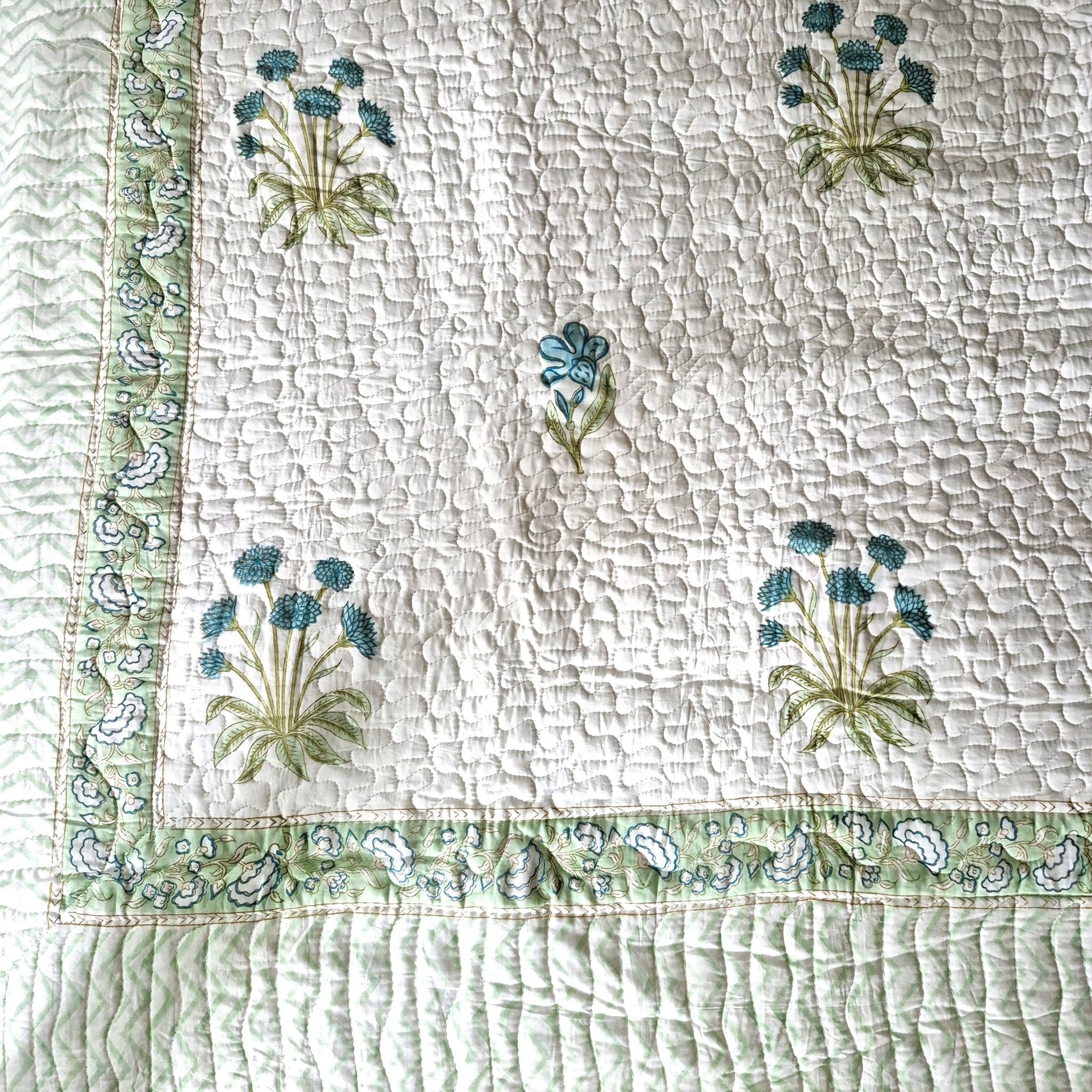 Block Print Bedspread with Pillowcases, King Size, Blue Floral Print