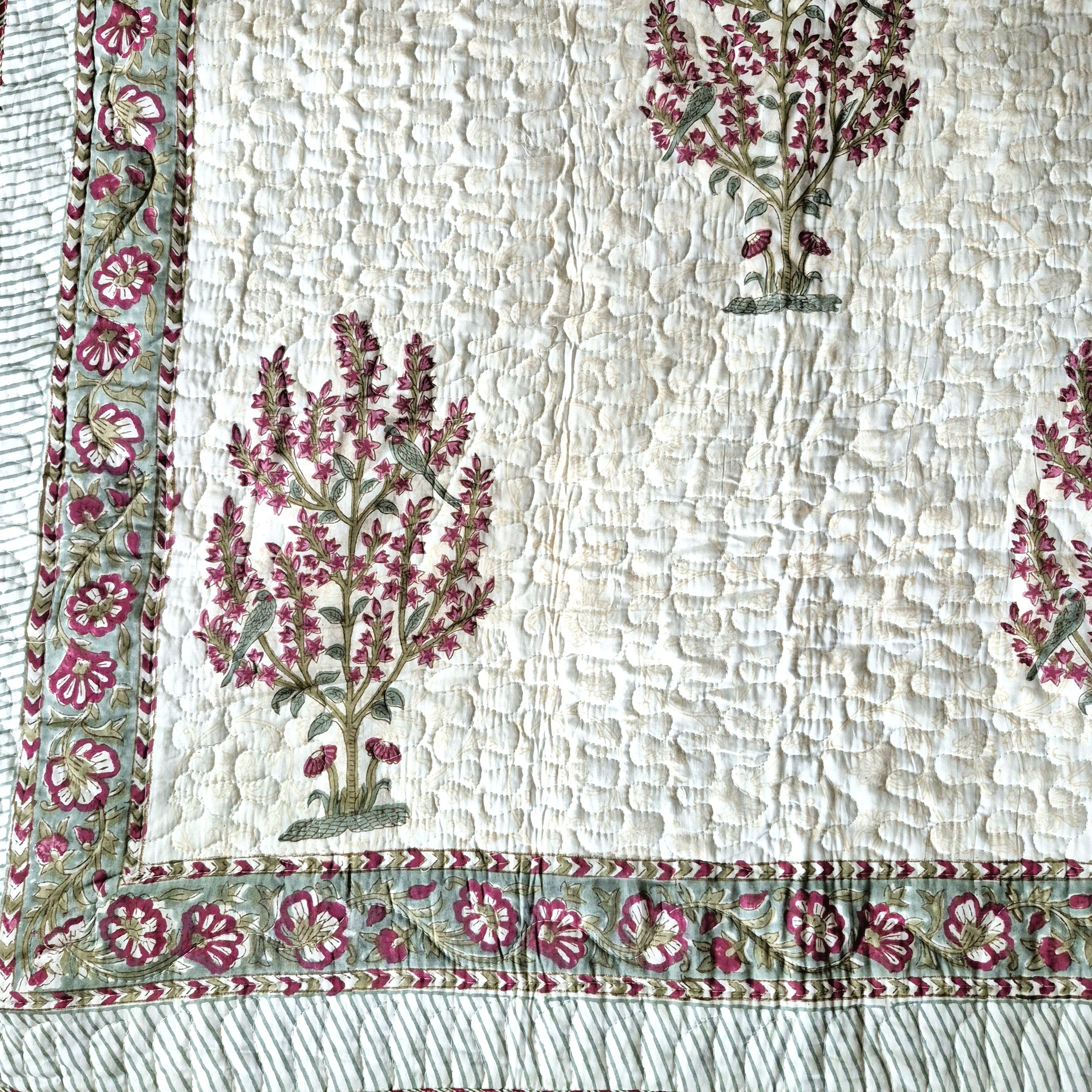 Block Print Bedspread with Pillowcases, Small Flower Print, King Size