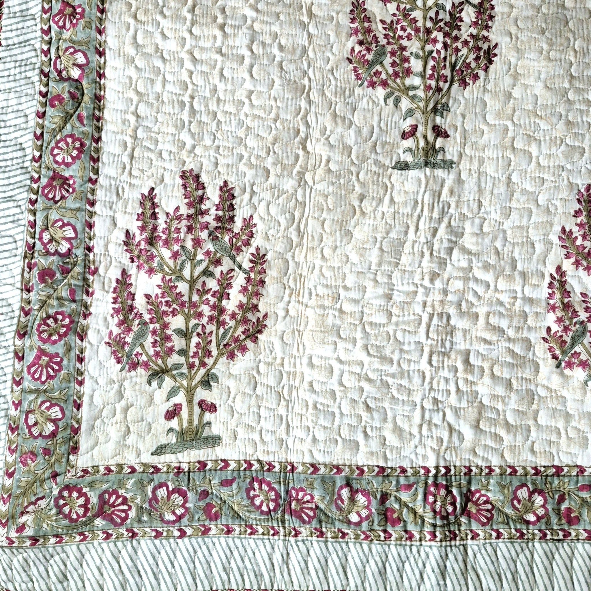 Block Print Bedspread with Pillowcases, Small Flower Print, King Size