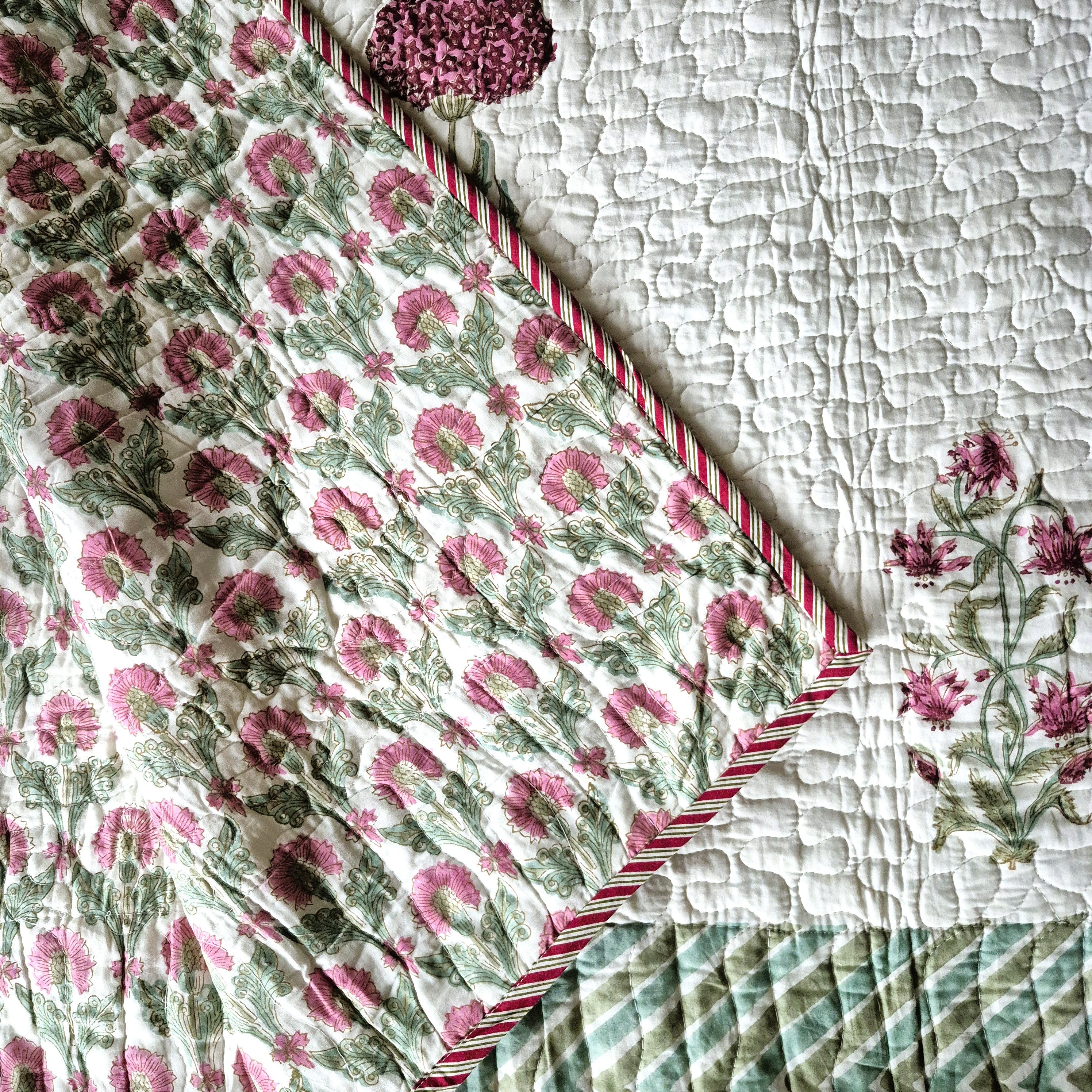 Block Print Bedspread with flowers in cream, green & pink, reversible, King size