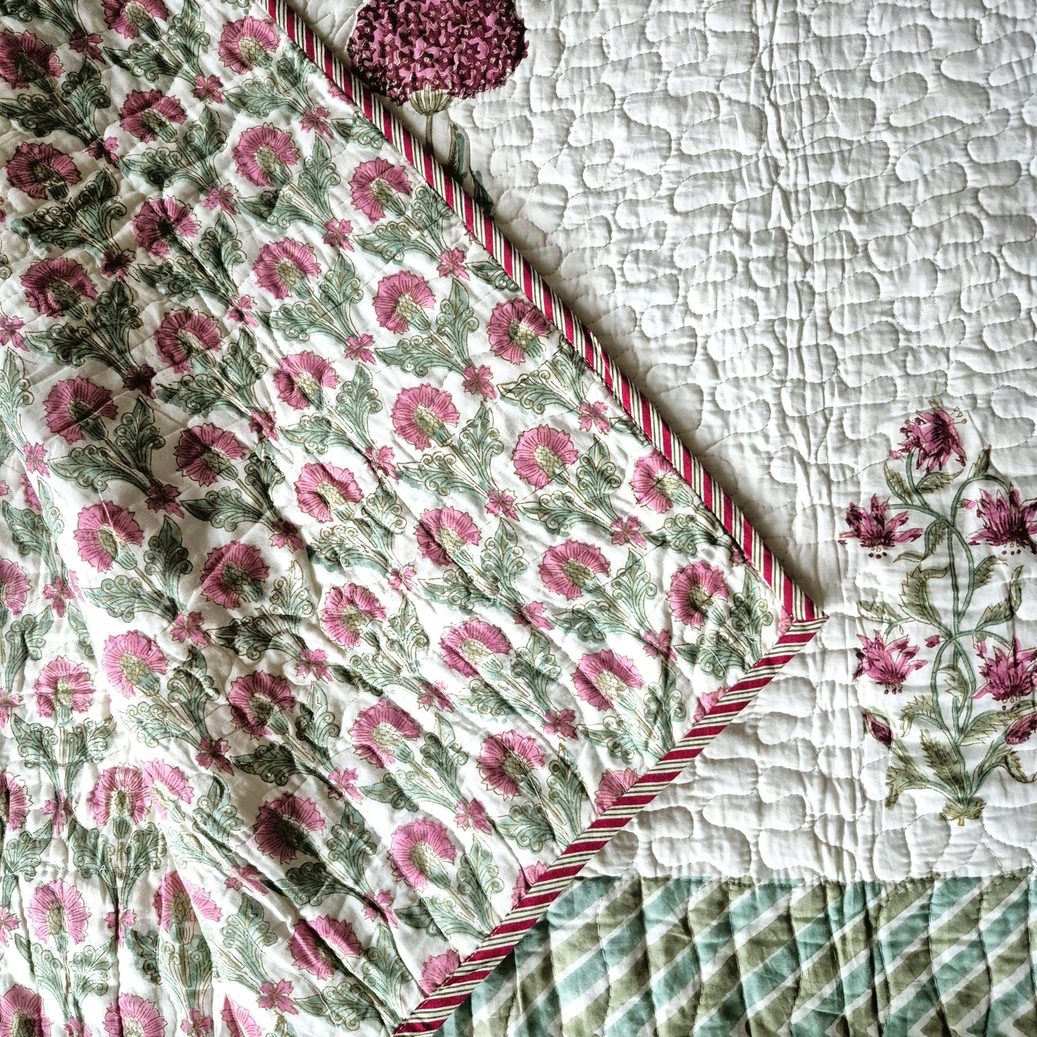 Block Print Bedspread with flowers in cream, green & pink, reversible, King size