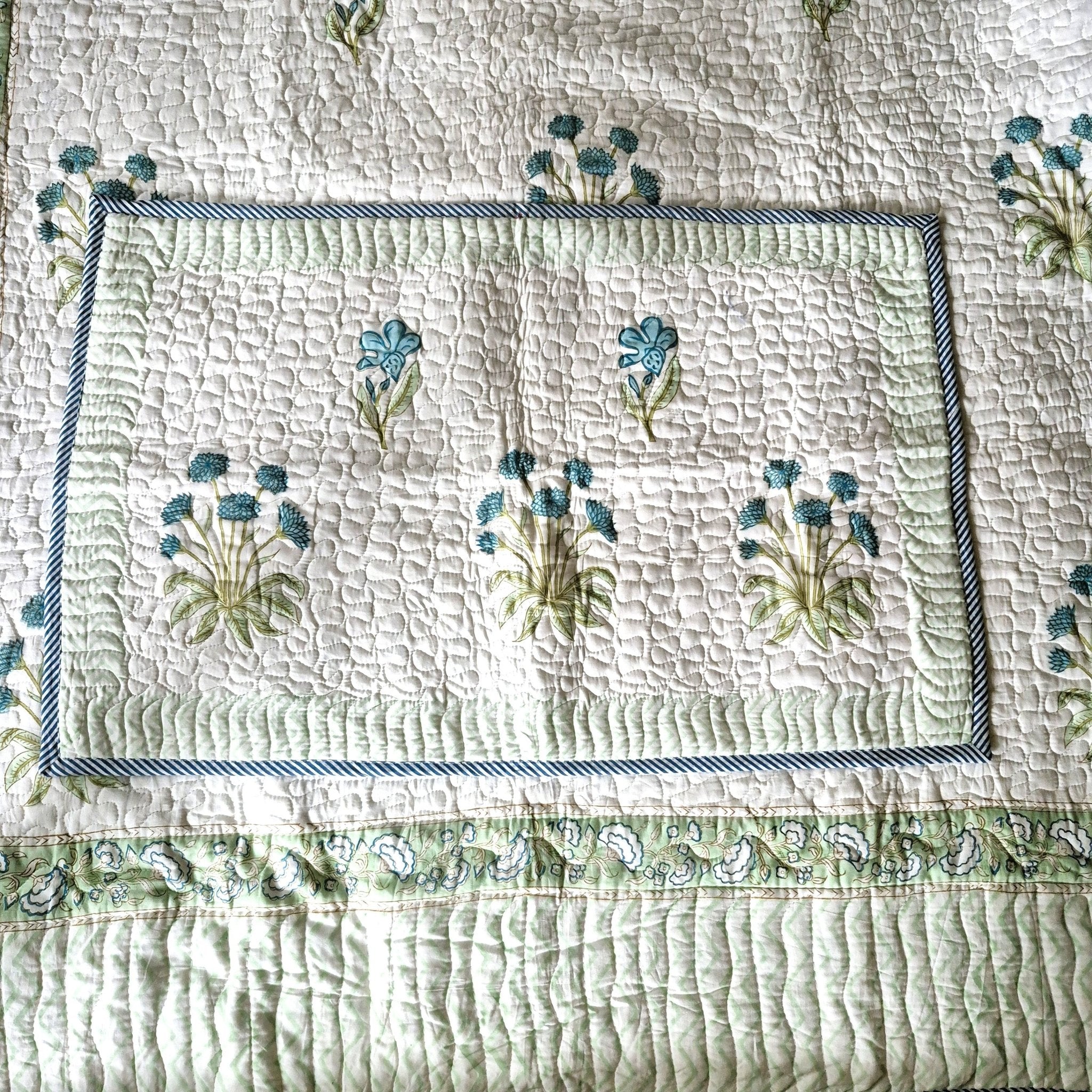 Close up of Pillowcases, Block Print, Blue Floral Print