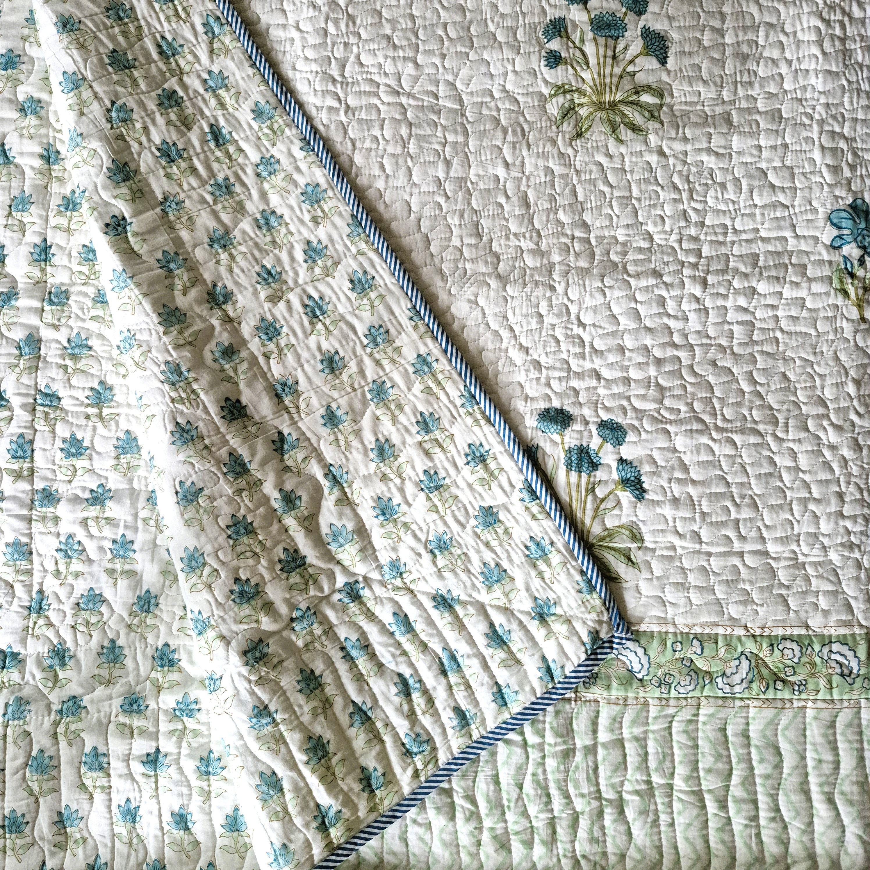 Block Print Bedspread with Pillowcases, King Size, Blue Floral Print