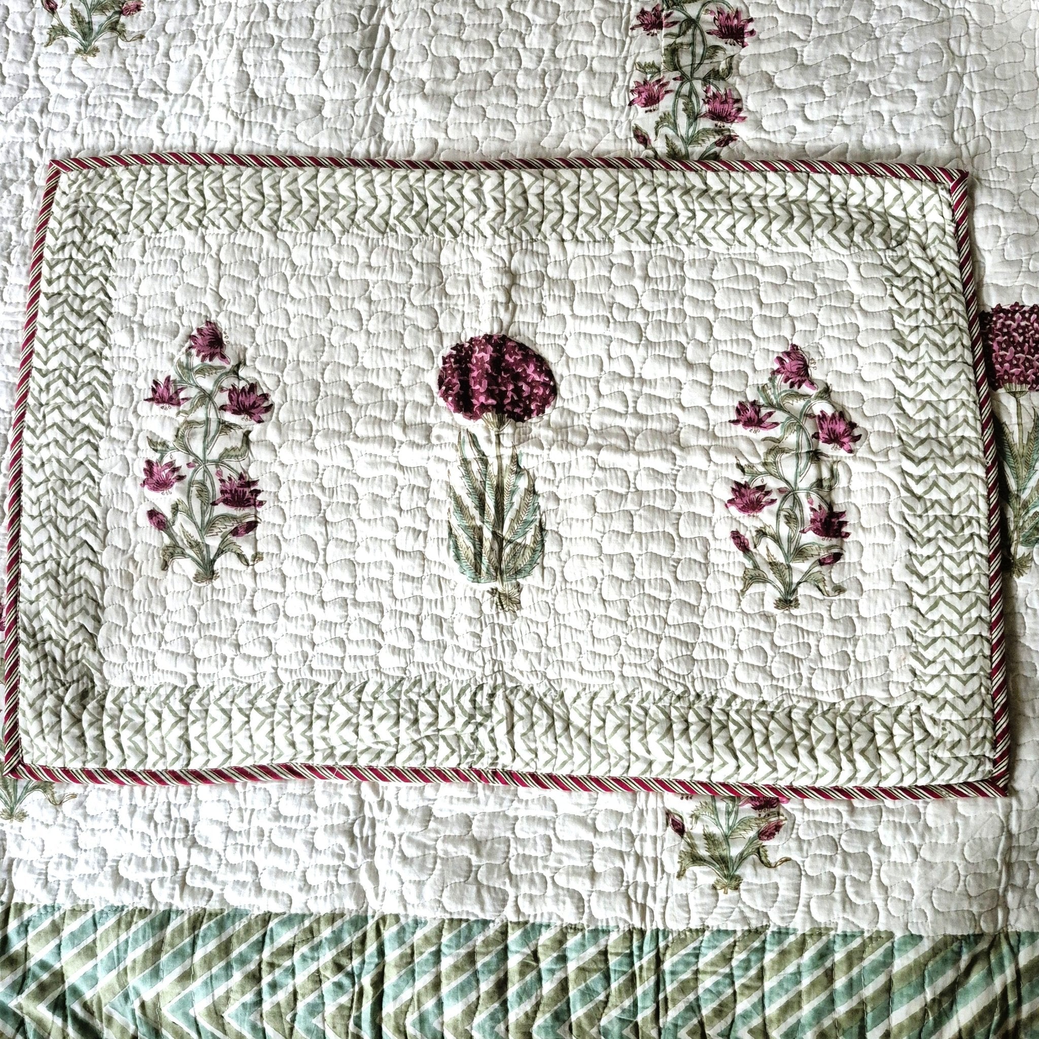Block Print Bedspread with Pillowcases, King Size, Cream, Green & Pink