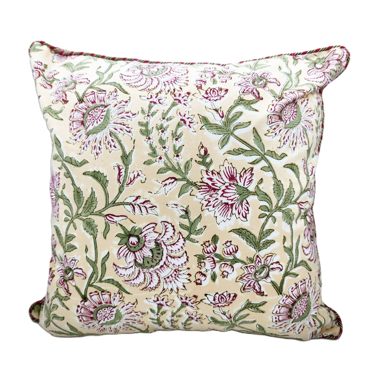 Block print cotton canvas cushion cover with deep pink flowers and green leaves on cream and white, toning striped piping