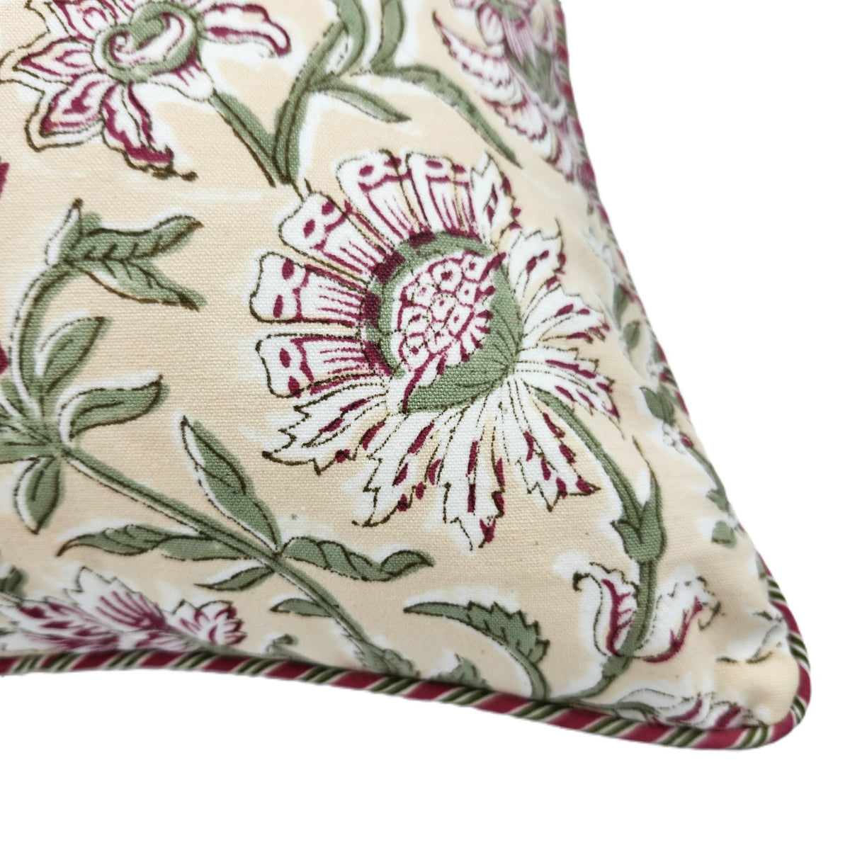 Summer block print cushion cover in 40cm and 45cm square sizes, closing with a hidden zip at the back, filler not included