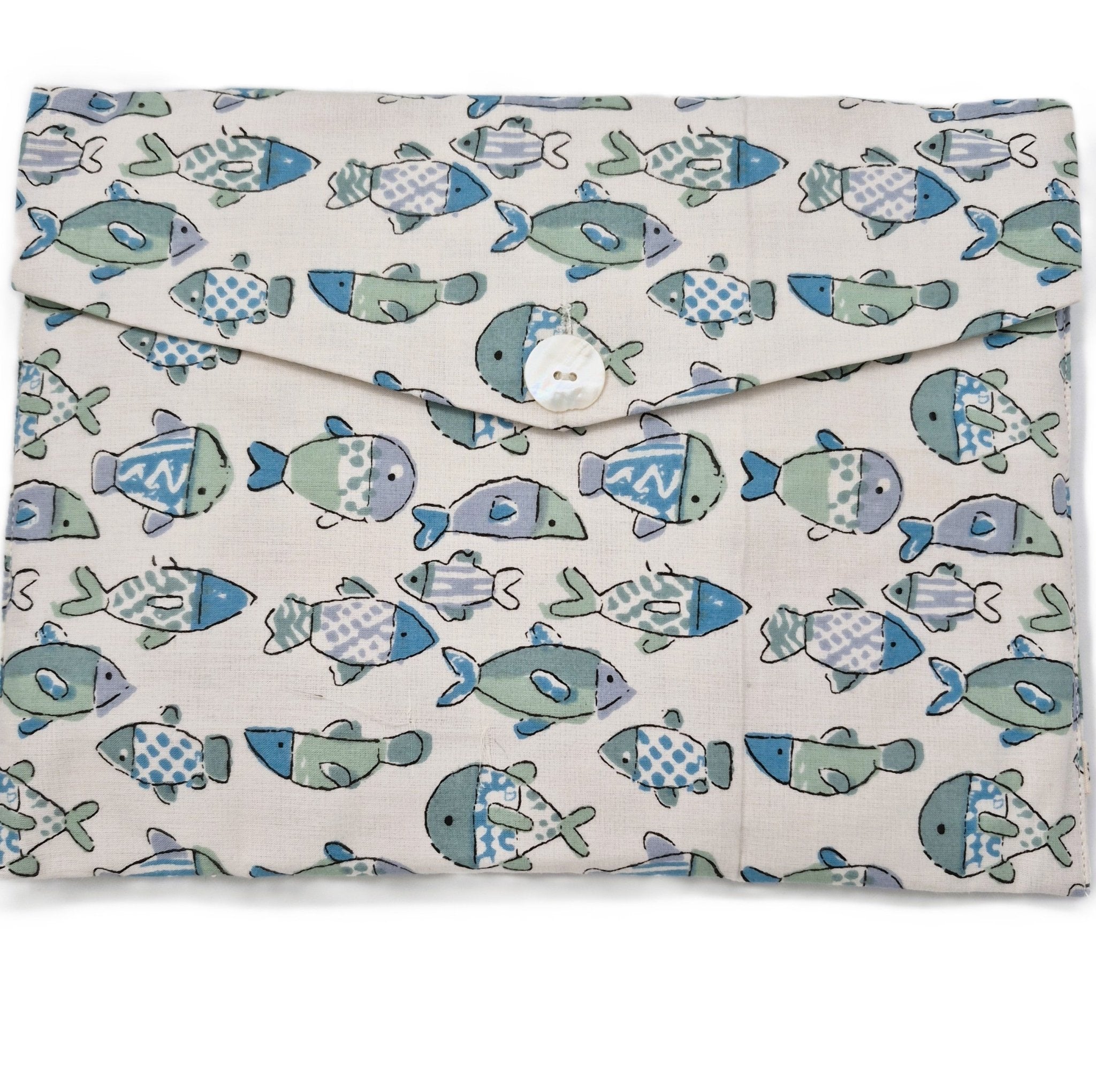 Kids' fish-print long pyjamas in blue with contrast trim