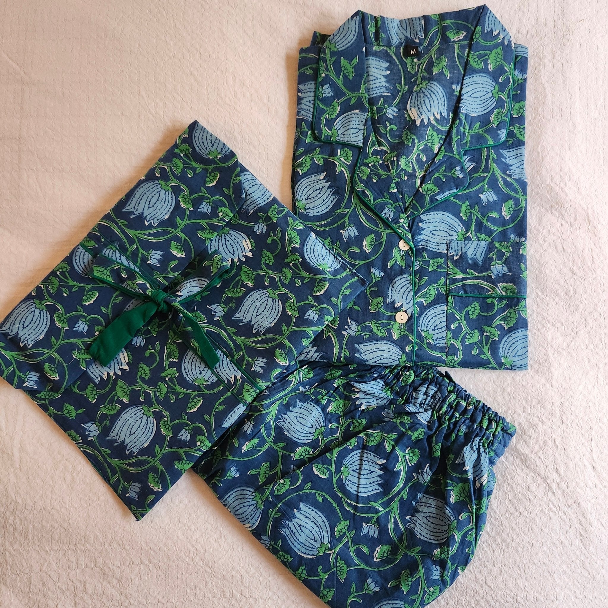 Green lotus block-print long pyjama set