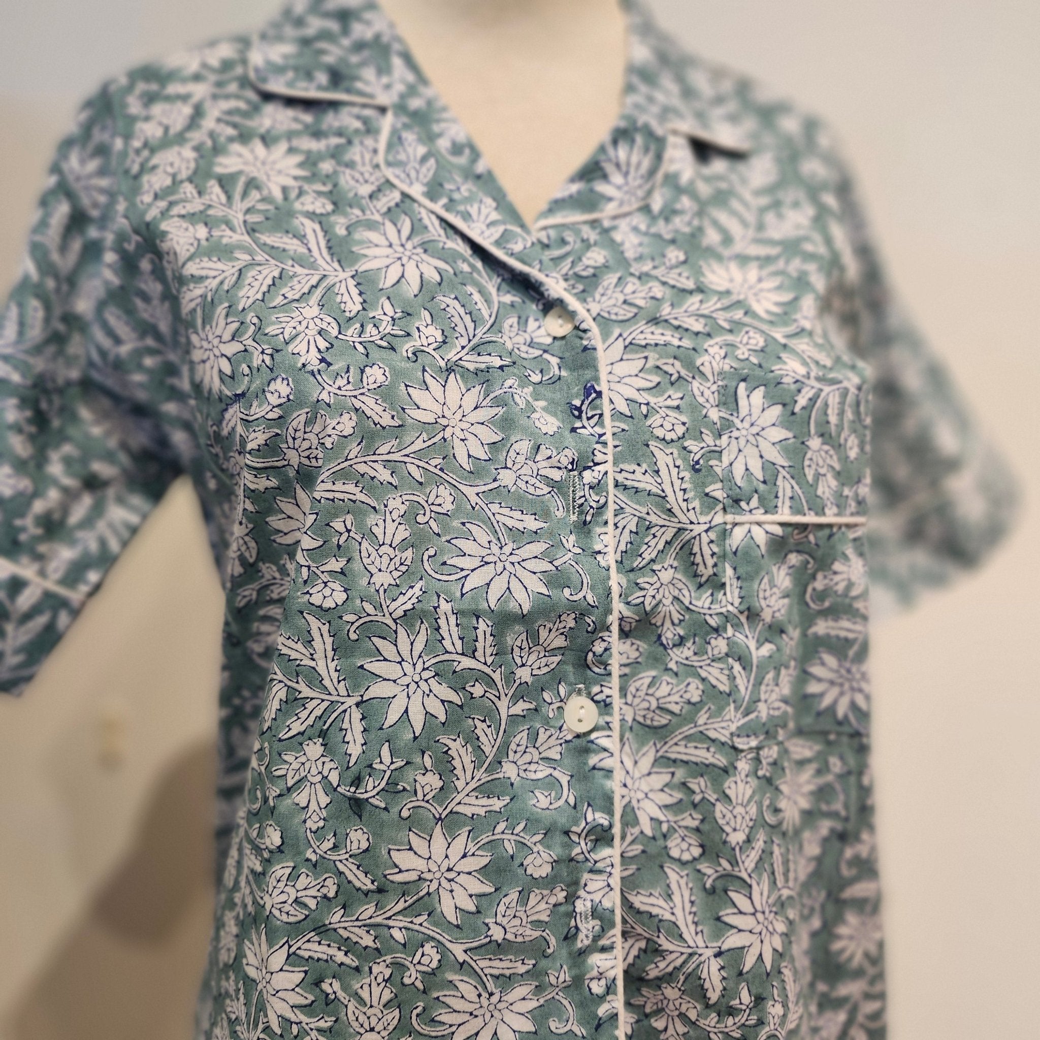 Teal floral block-print short pyjama set