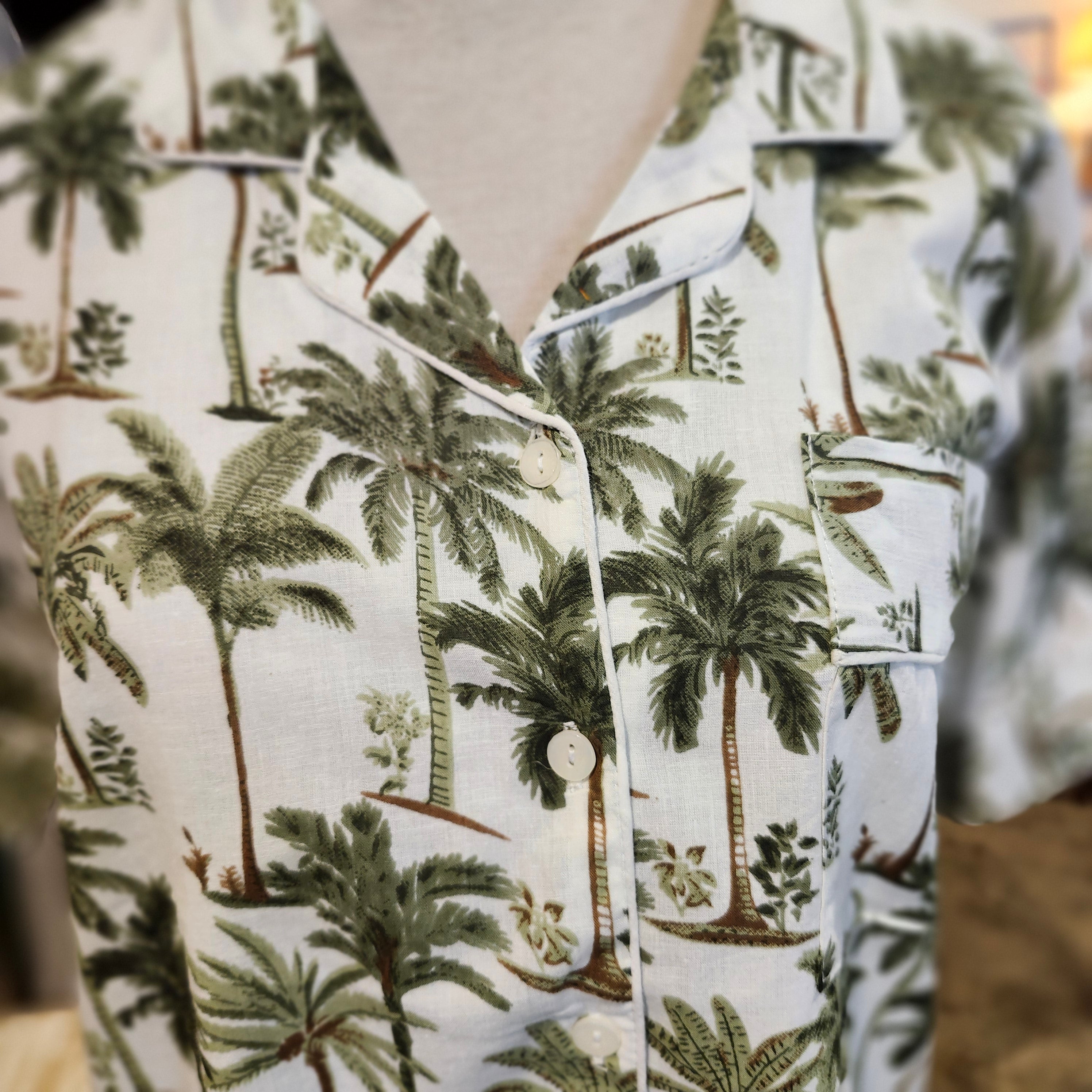 Little Palms block-print short pyjama top, palms on white
