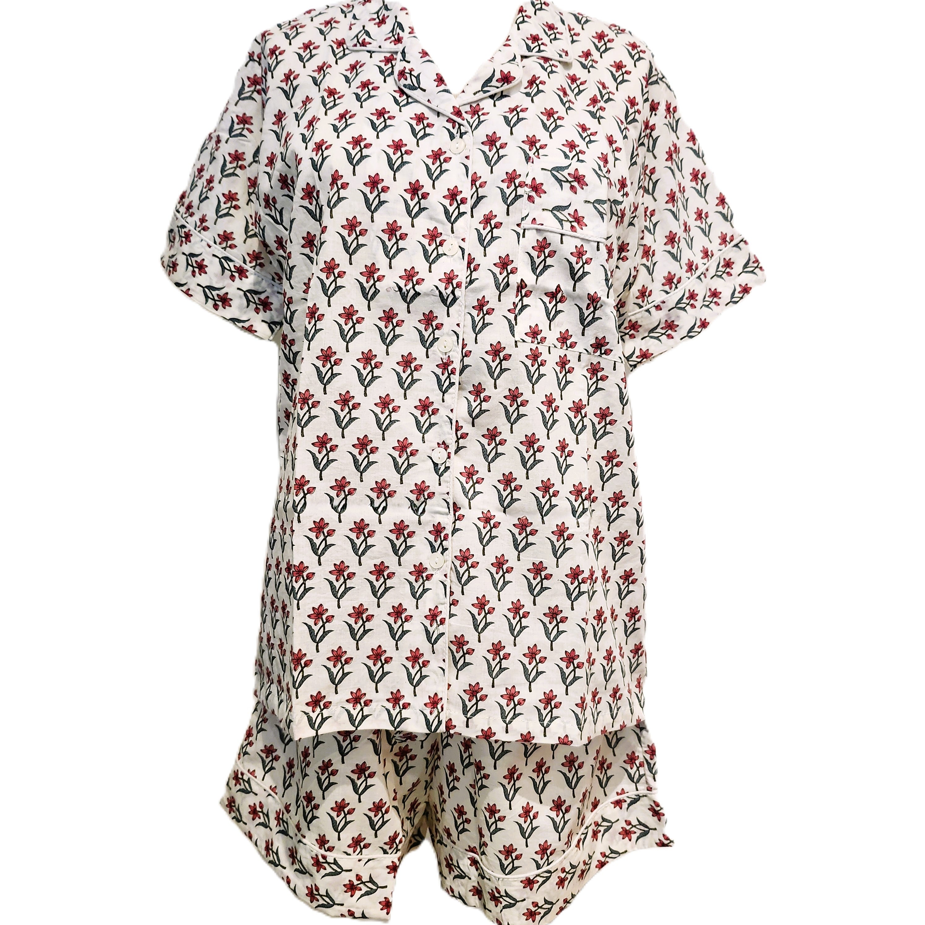 Rosalie block-print short pyjamas, red floral on cream
