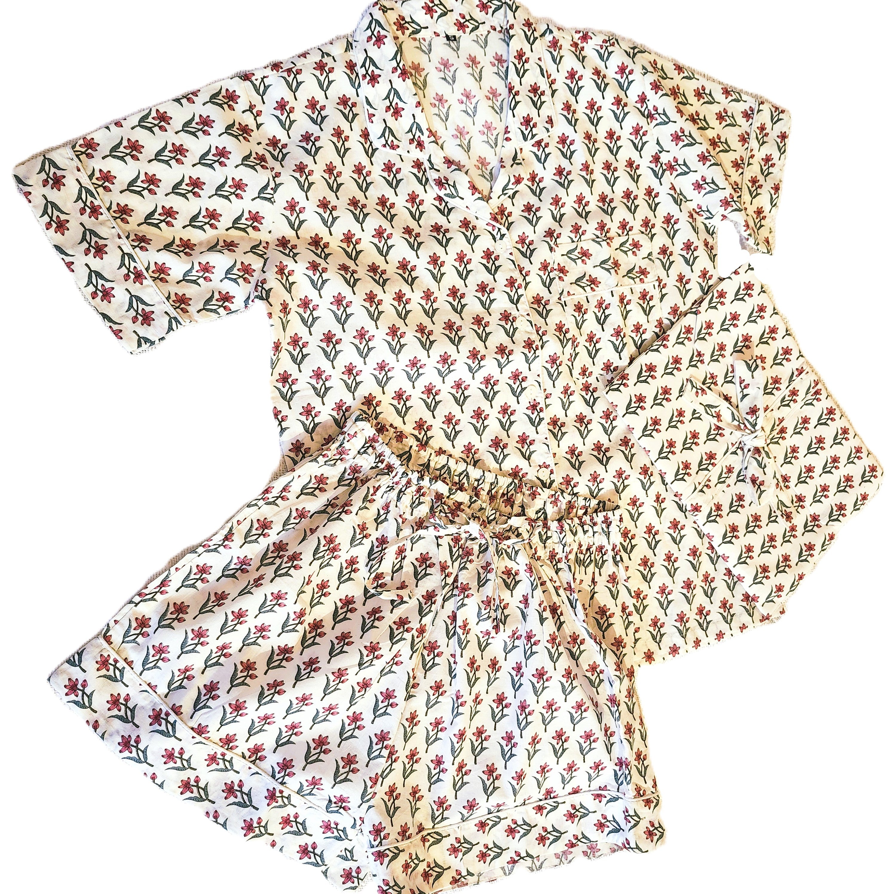 Rosalie block-print short pyjama set, red flowers on cream