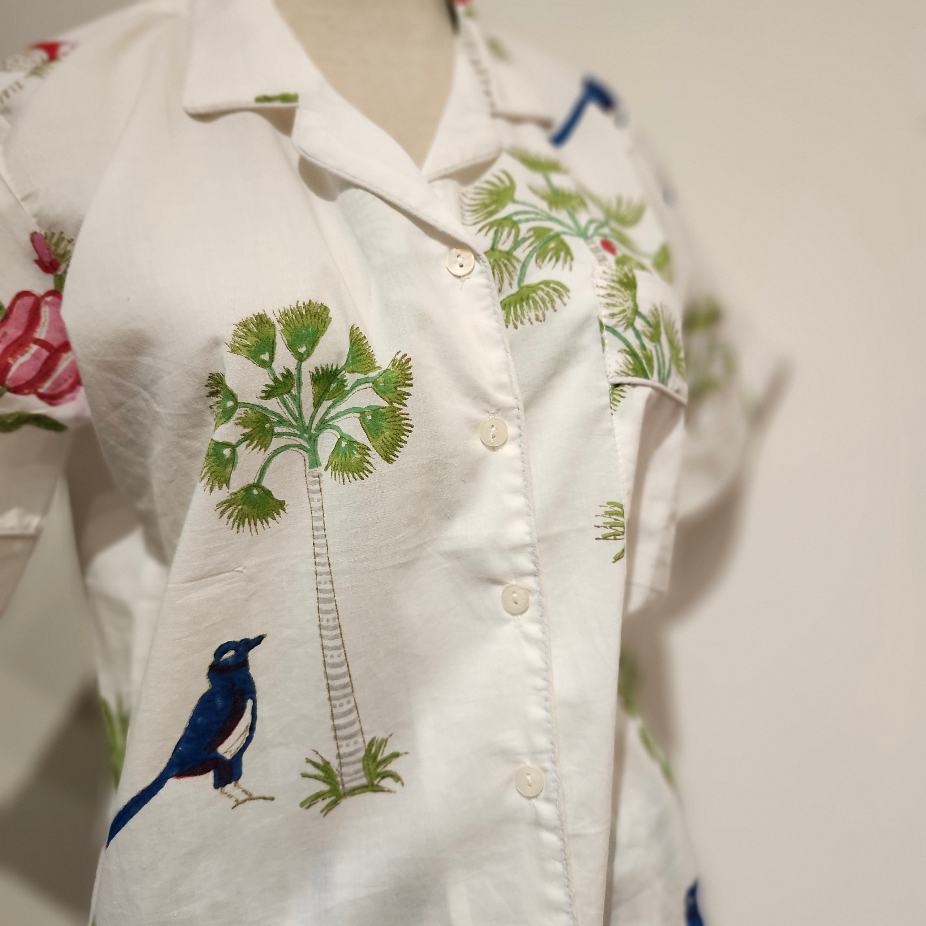 Sophie block-print short pyjama top with palms, birds and flowers