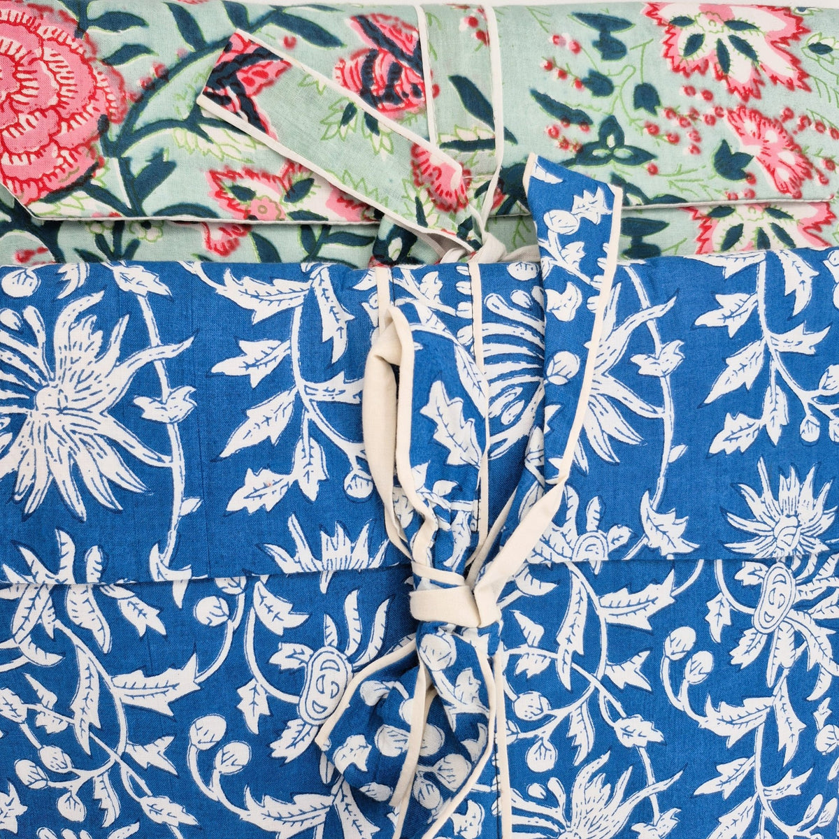 Detail of the block printed cotton cambric used for the assorted floral long pyjama top and bottoms.