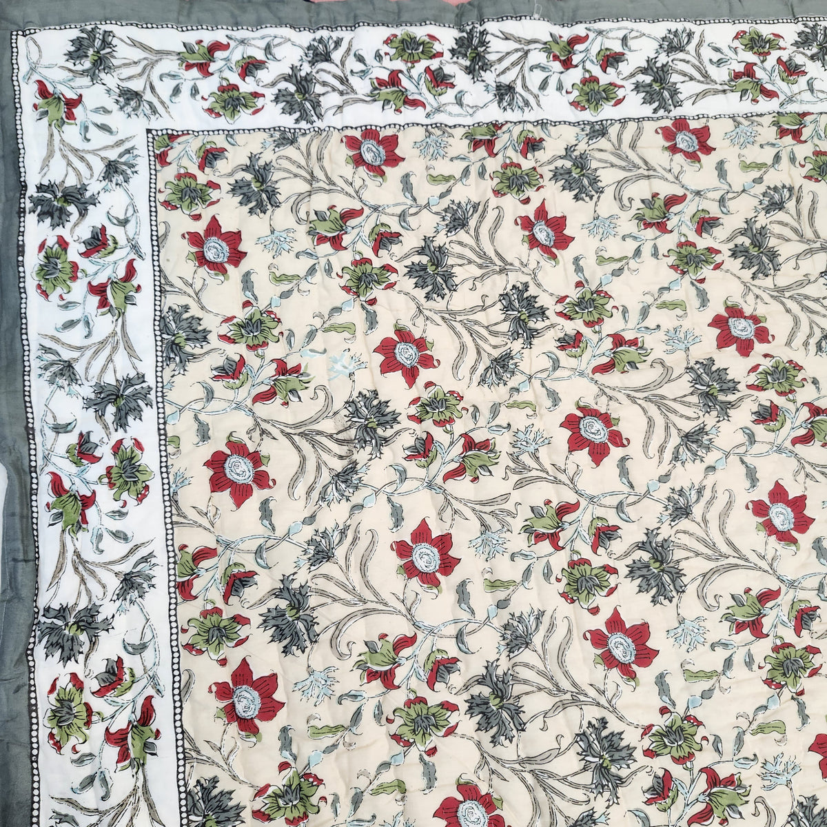 Queen reversible block-print quilt with a Mughal floral print on cream, cotton