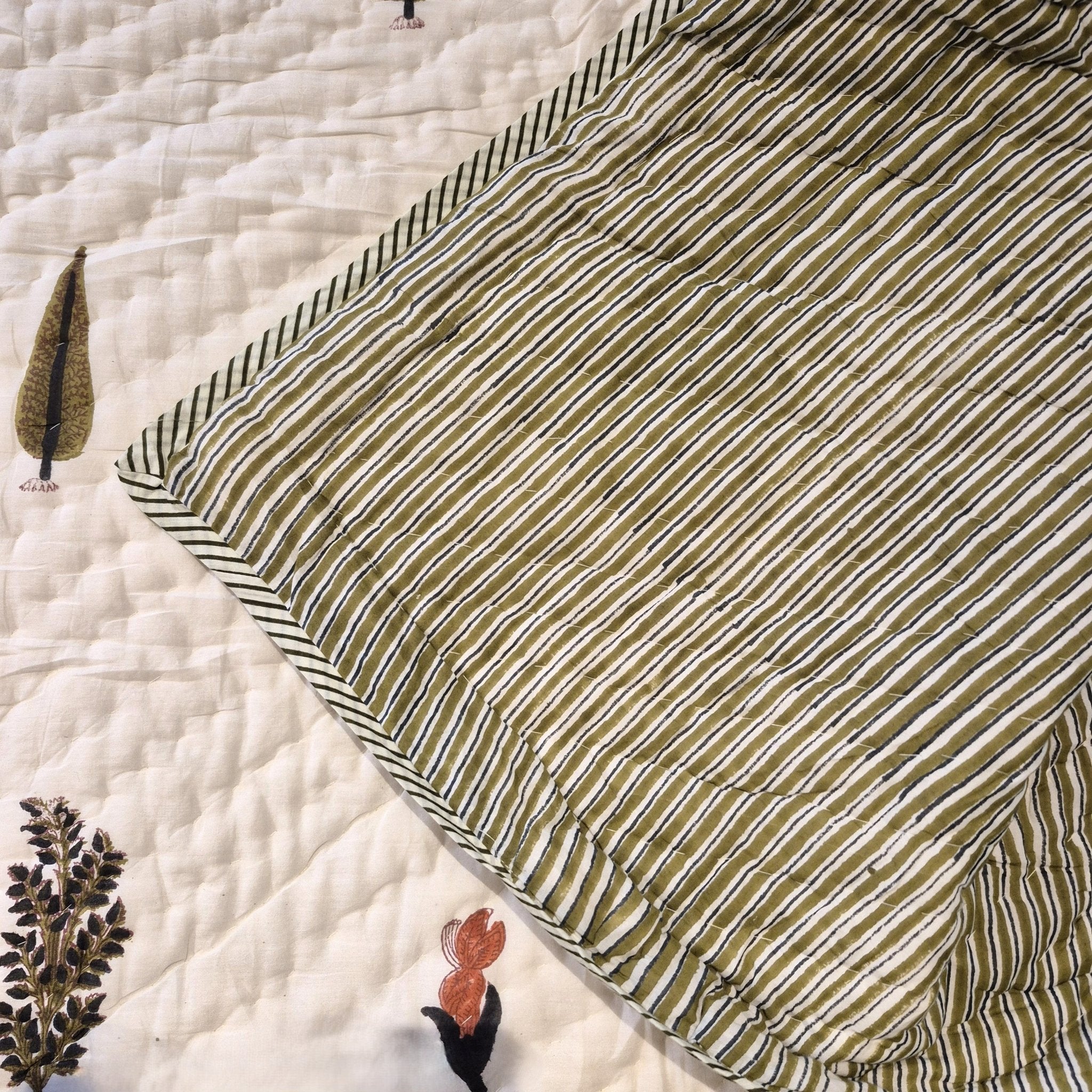 Olive cypress block-print quilt, reversible