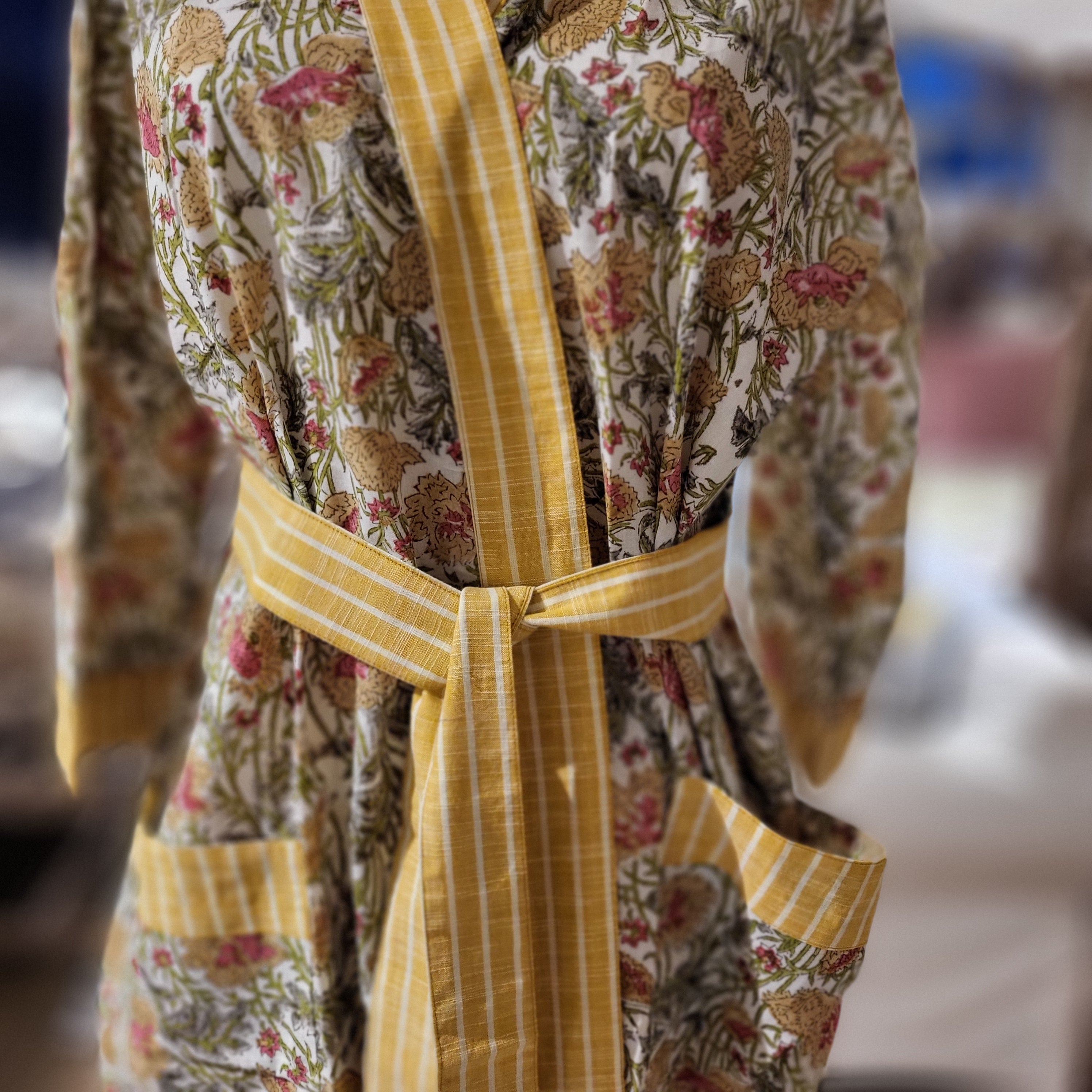 Flower Meadow block print cotton robe, multicolour flowers on cream, one size