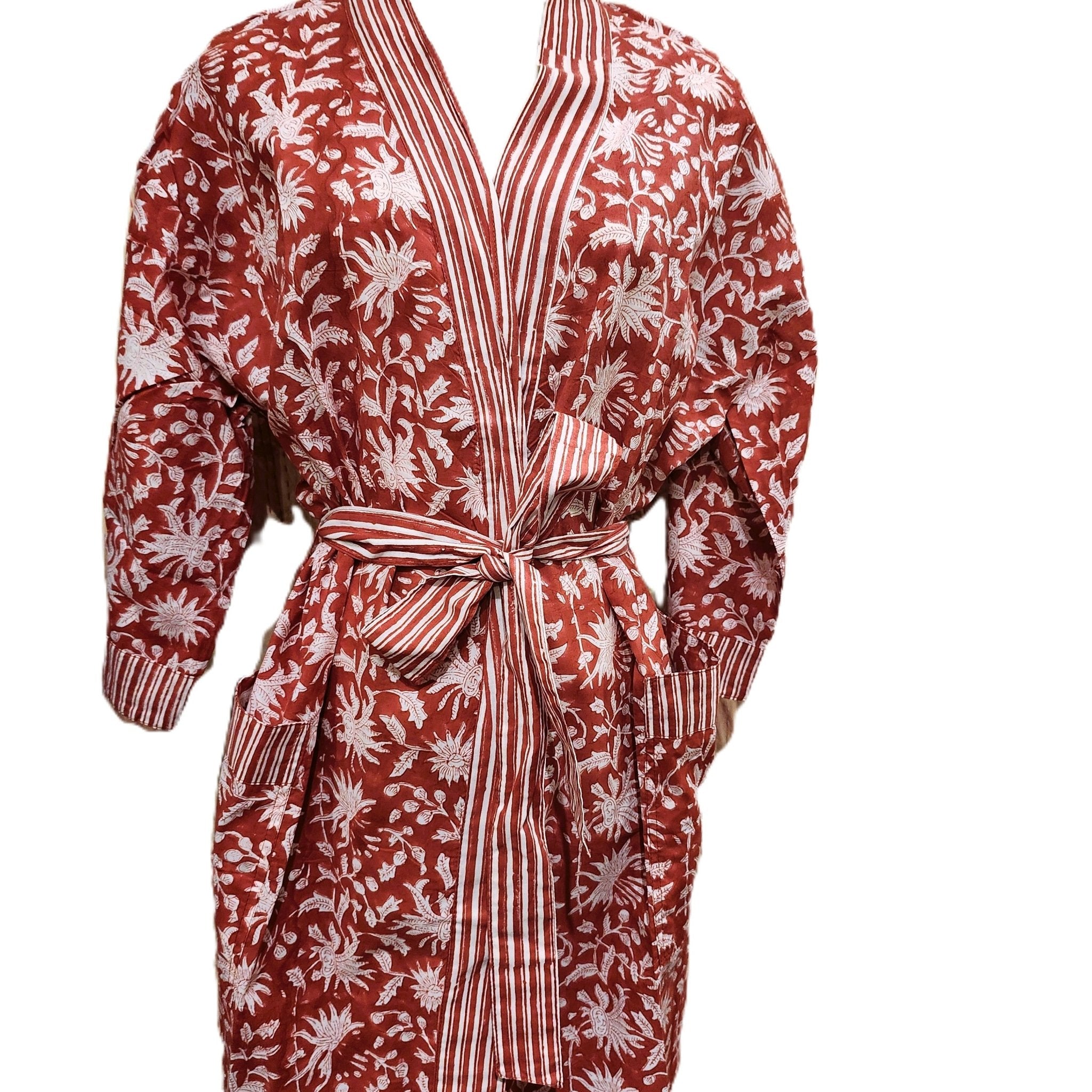Red and white block print robe, cotton, one size fits most, styled